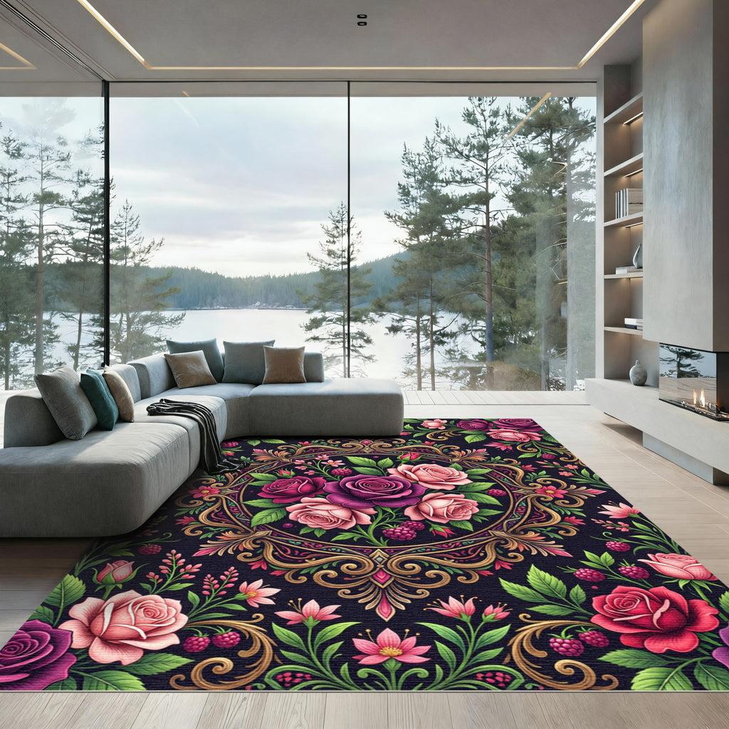 Romantic Gold Framed Rose Berry Medallion Rug
