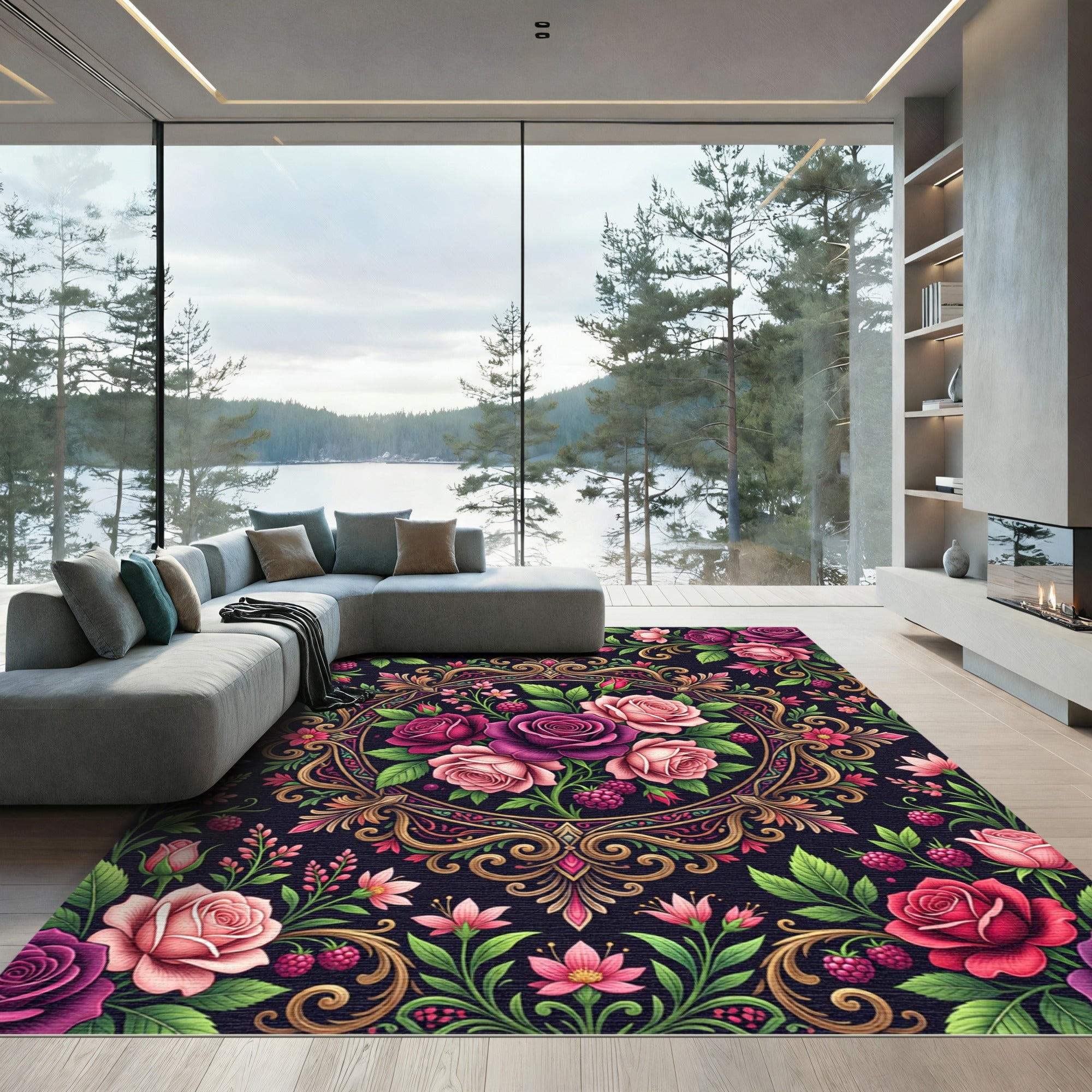 Romantic Gold Framed Rose Berry Medallion Rug