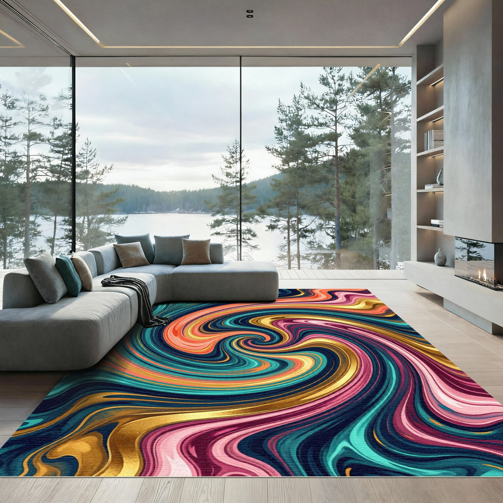Peacock Plume Swirl Abstract Vibrant Rug
