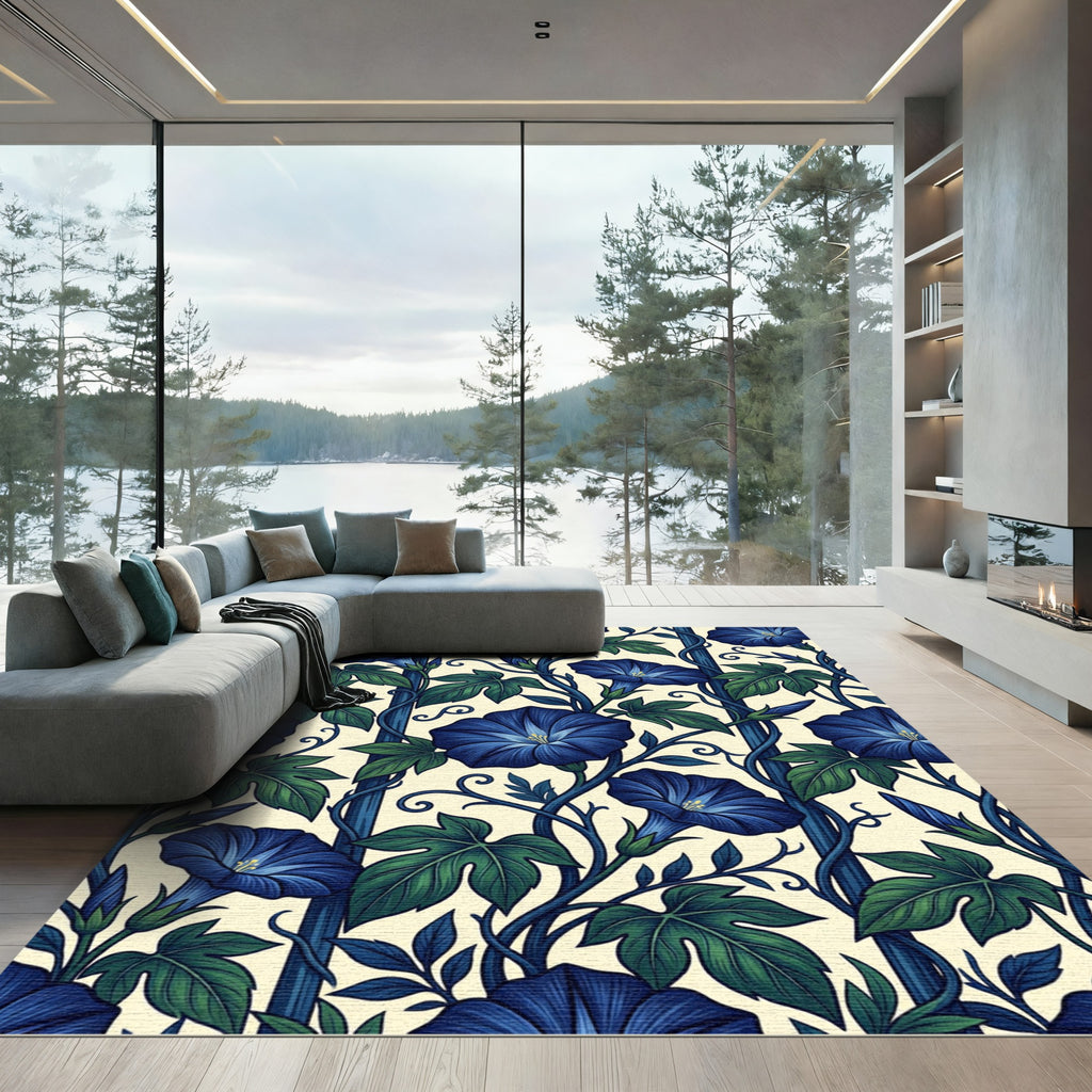 Deep Blue Floral Climbing Vine Rug