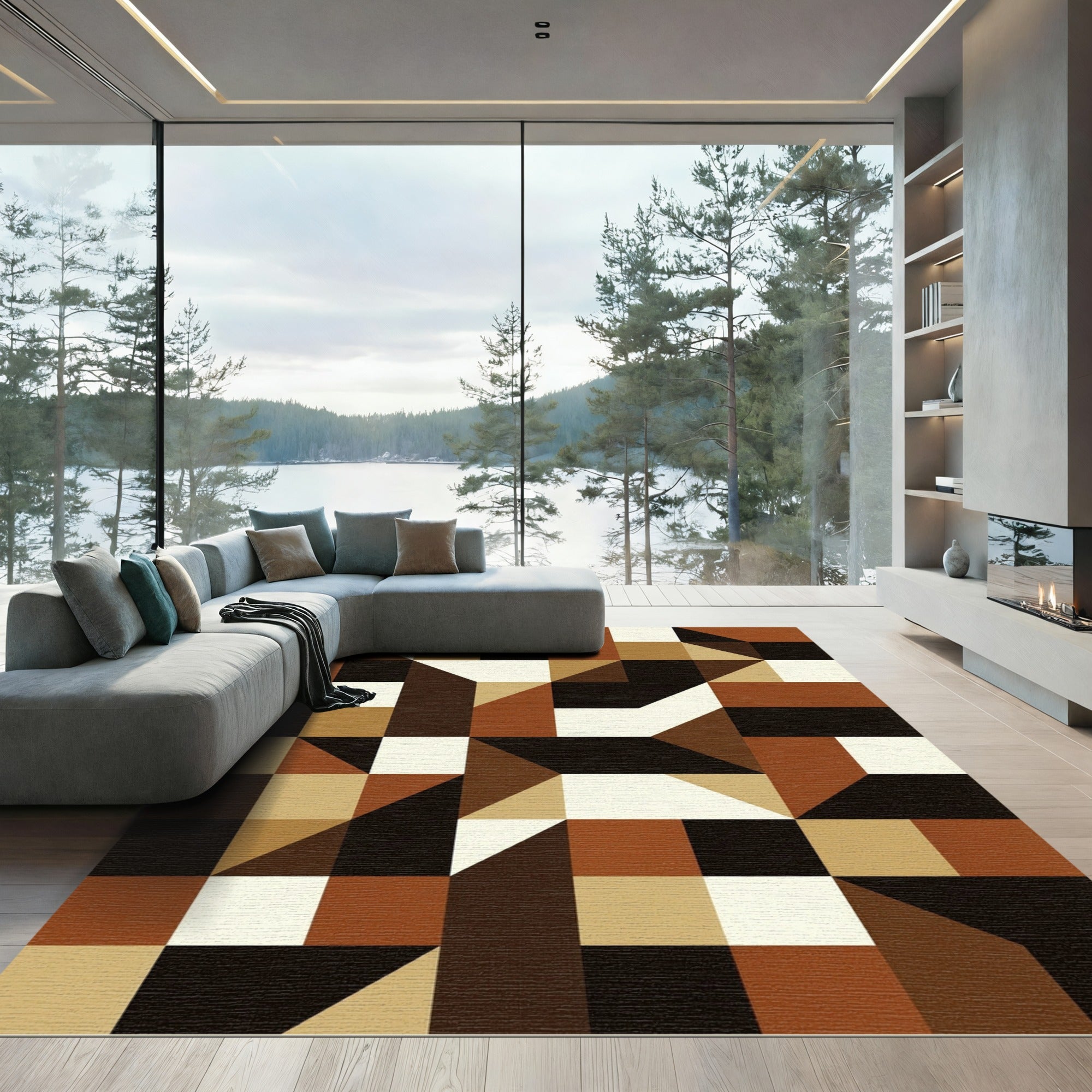 Brown Cream Geometric Cubist Shapes Rug