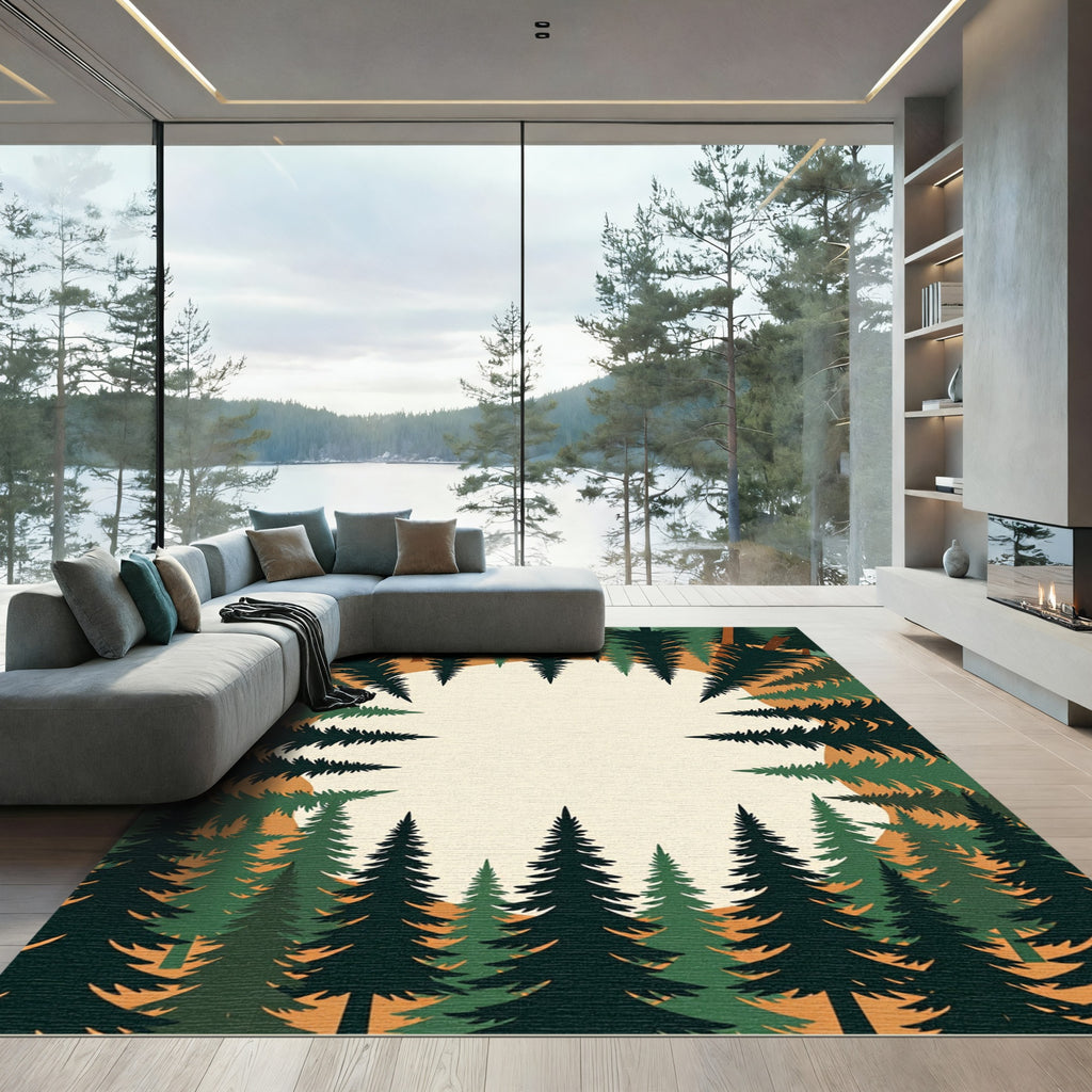Evergreen Forest Canopy Earth Tone Border Rug