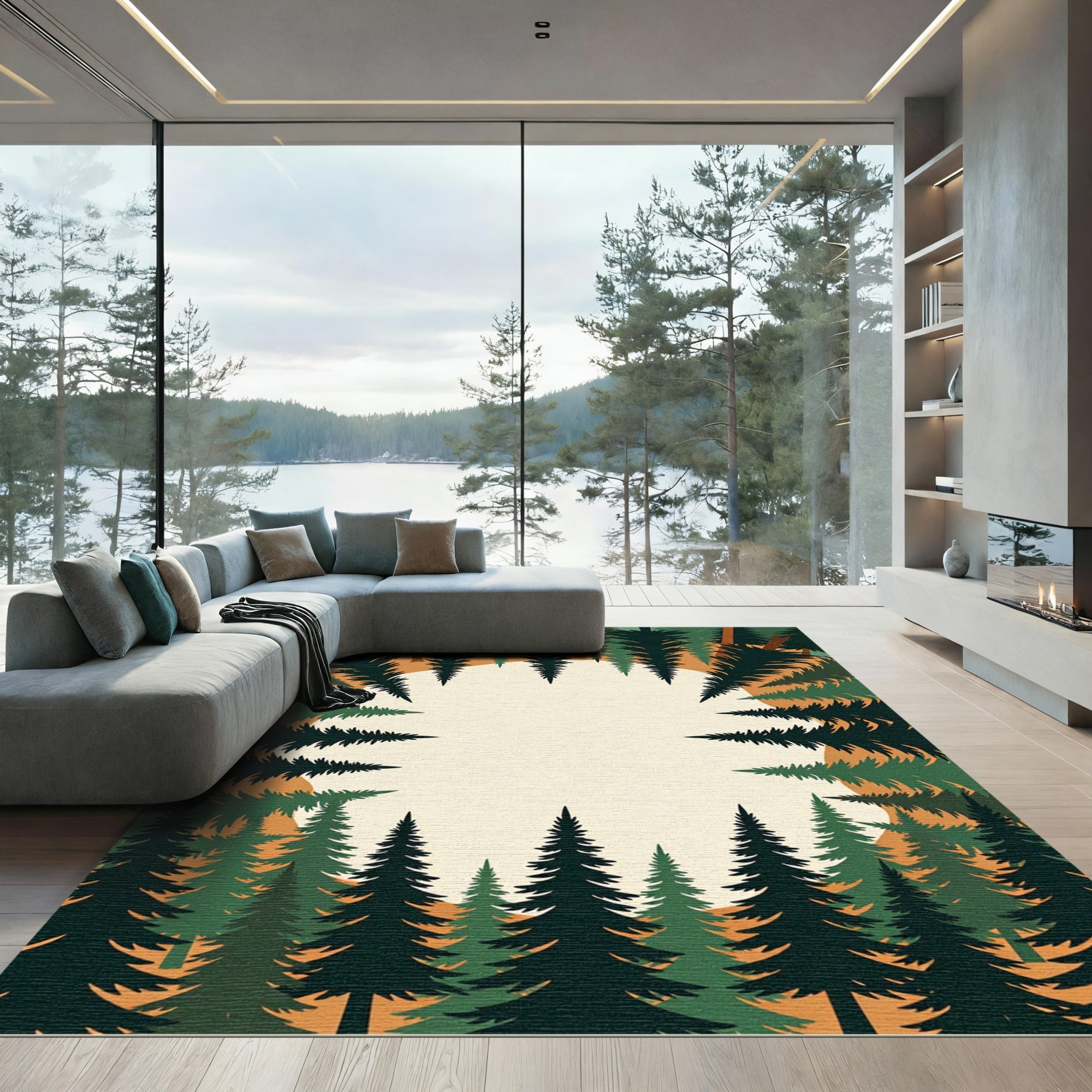 Evergreen Forest Canopy Earth Tone Border Rug