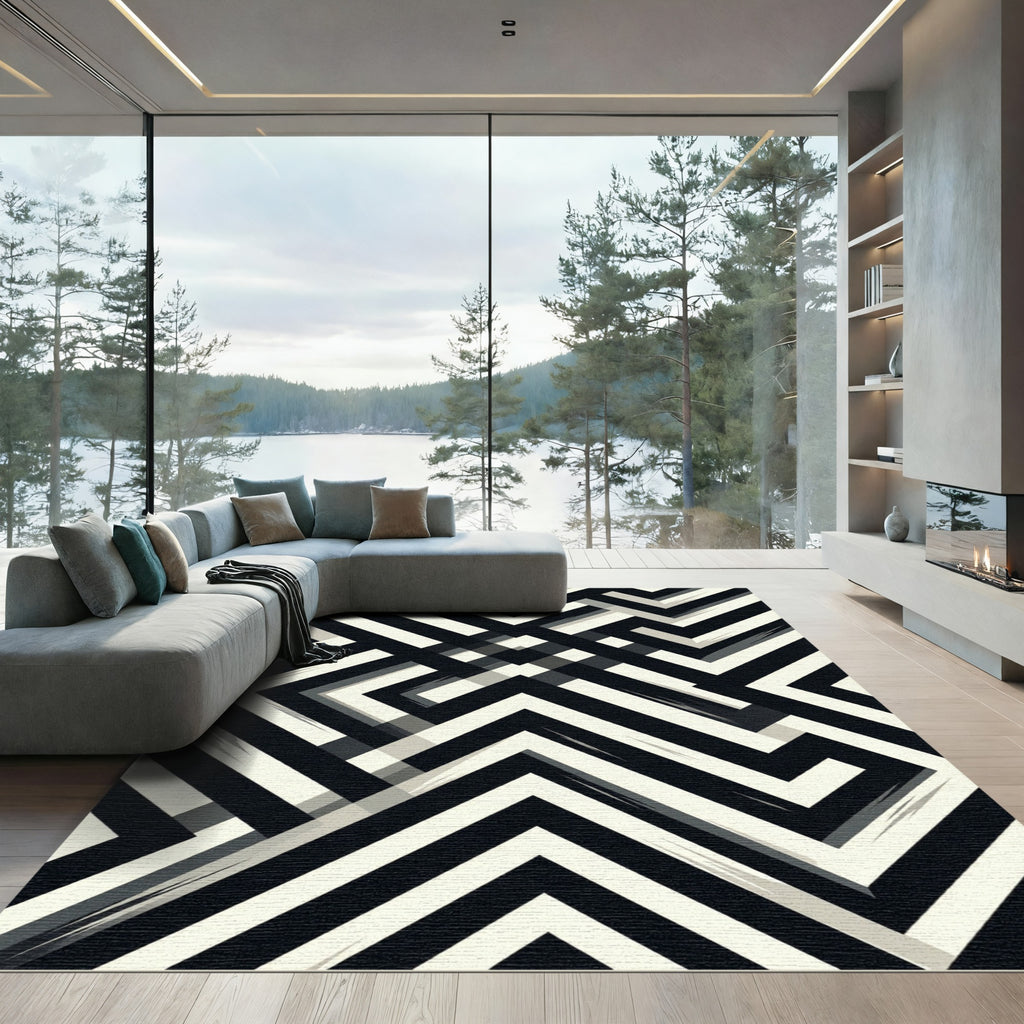 Modern Black and White Geometric Maze Rug