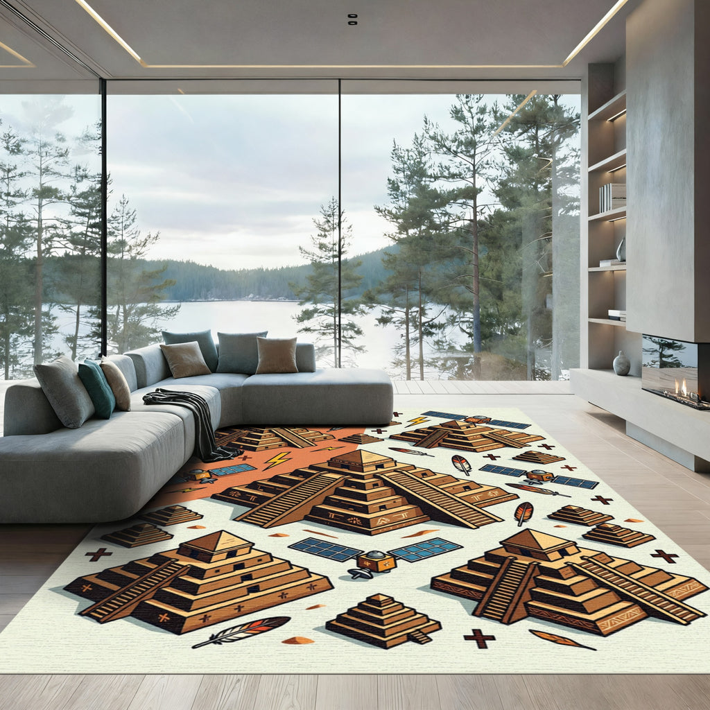 Geometric Aztec Satellite Pyramid Earthen Rug