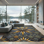 Celestial Gold and Indigo Floral Medallion Rug