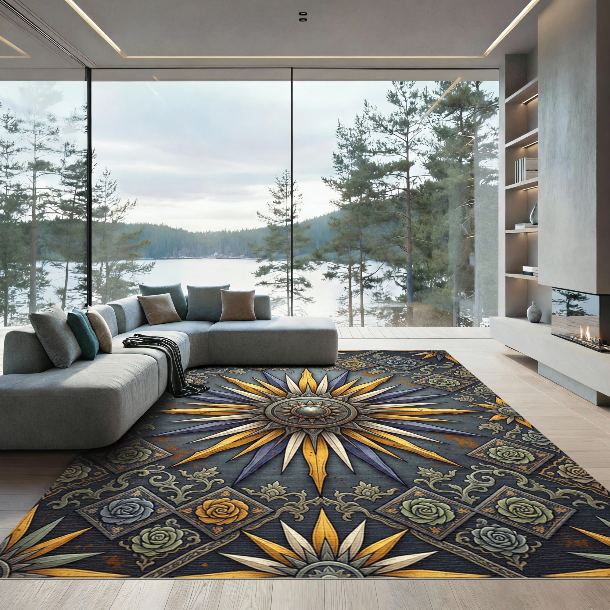 Celestial Gold and Indigo Floral Medallion Rug
