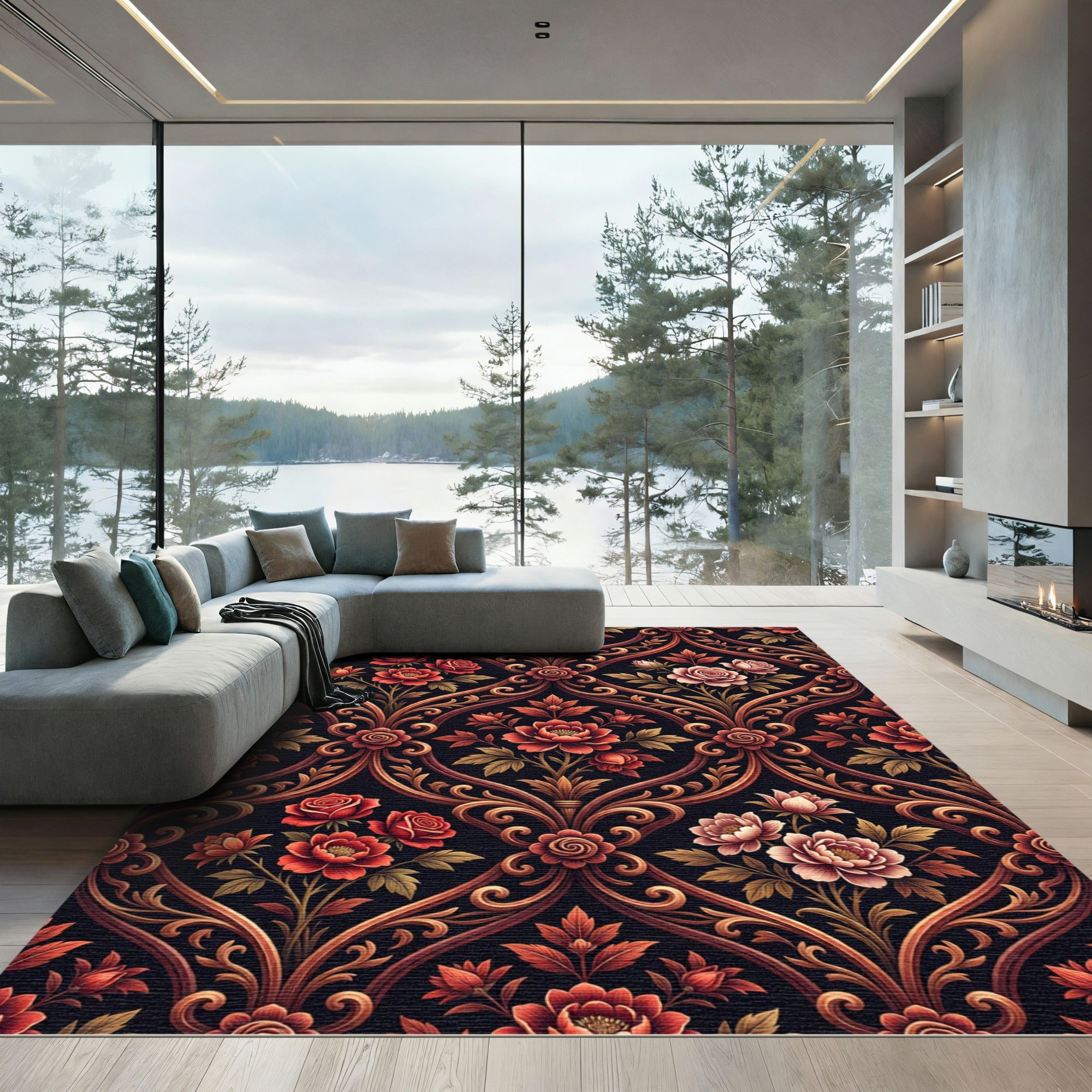 Rich Red Floral Damask Ornament Rug