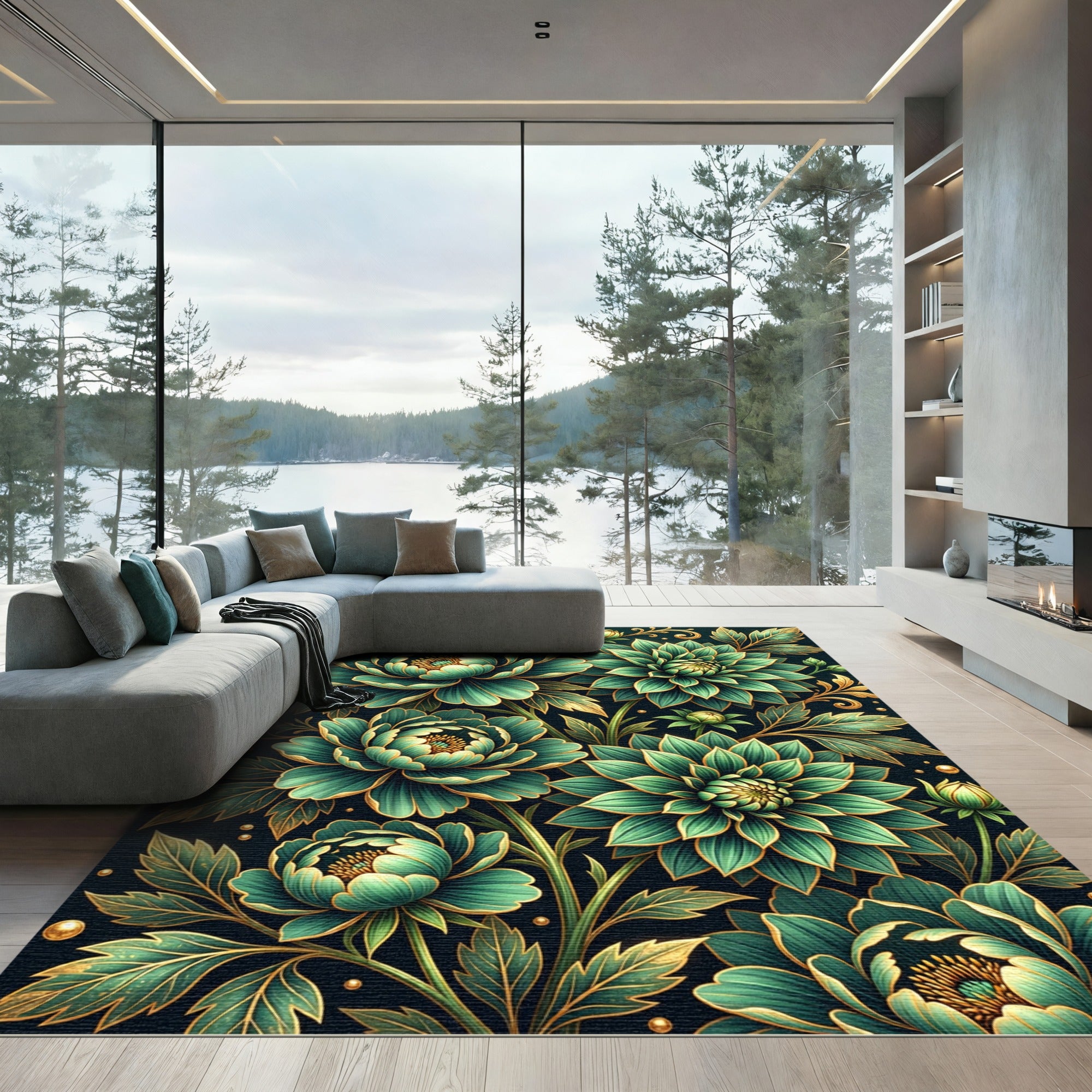Emerald Green Floral Golden Outline Rug