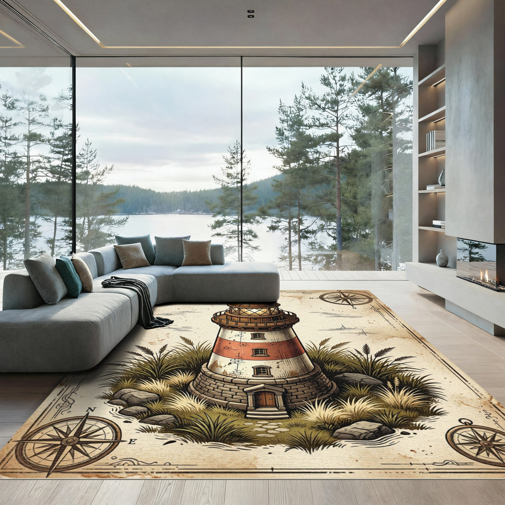 Nautical Lighthouse Vintage Compass Map Rug