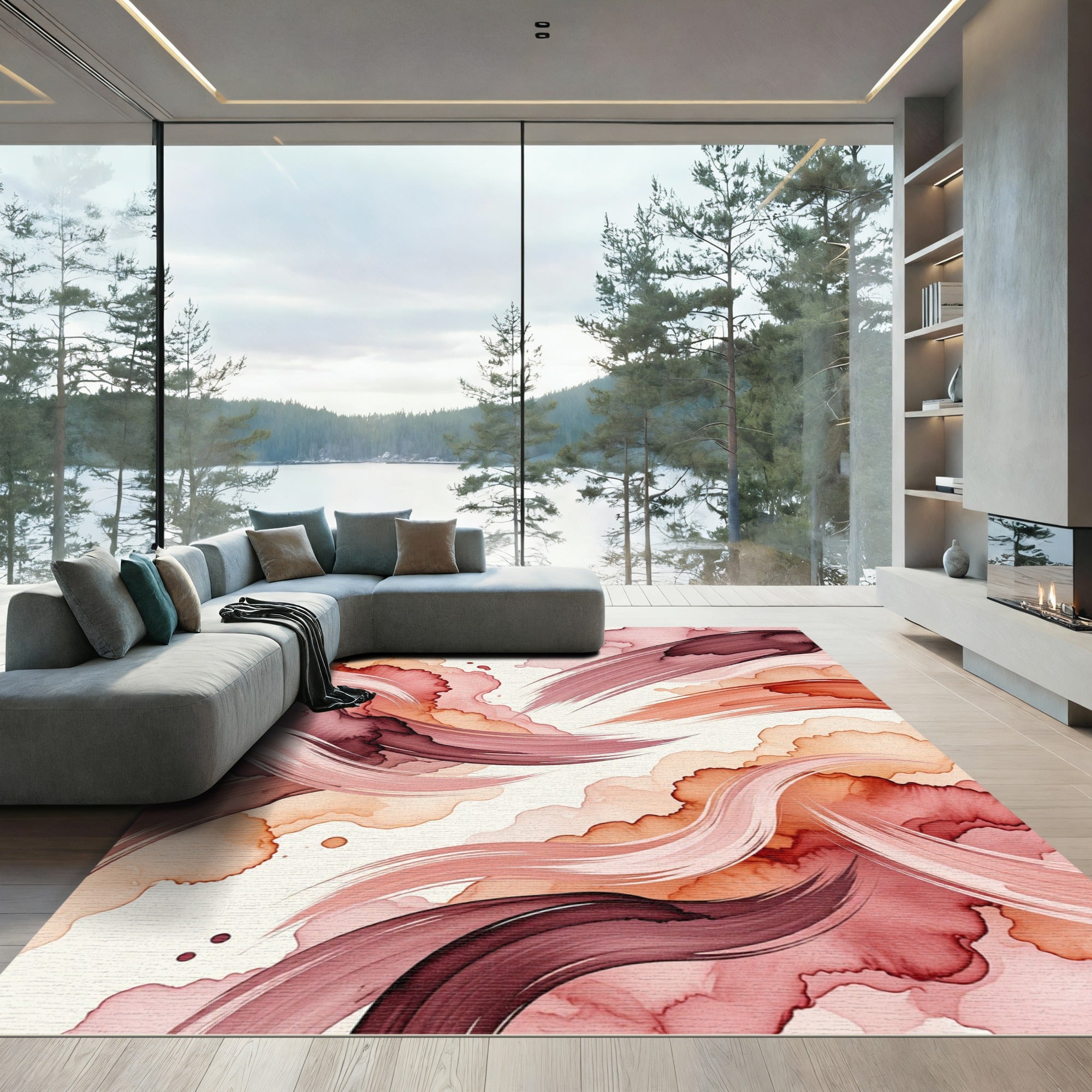 Crimson Rose Watercolor Swirl Rug
