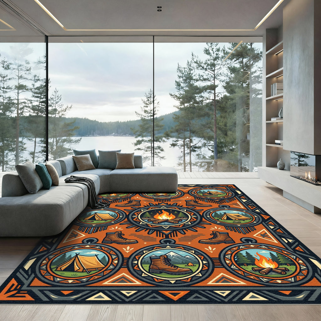 Earthy Orange Camping Adventure Medallion Illustration Rug