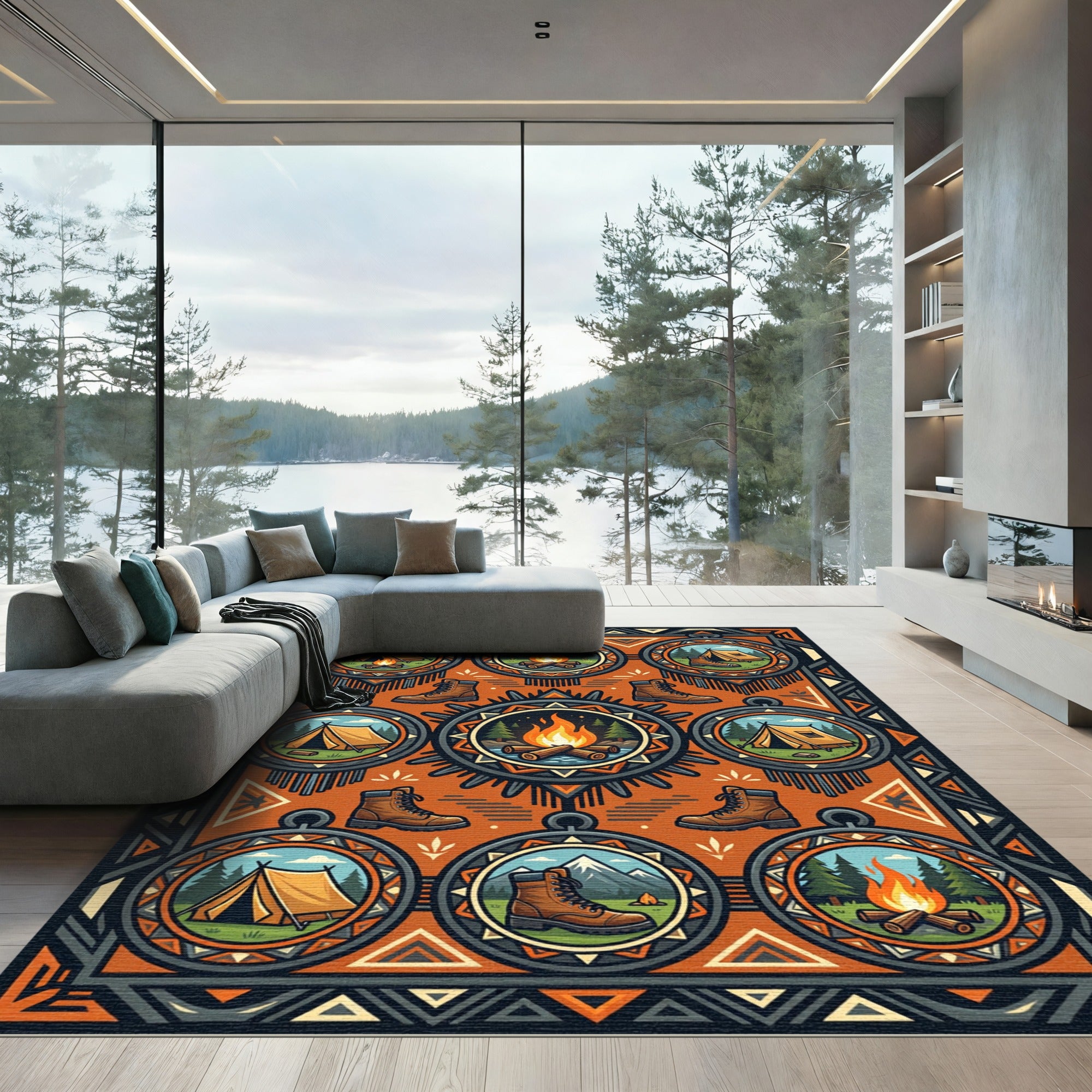 Earthy Orange Camping Adventure Medallion Illustration Rug