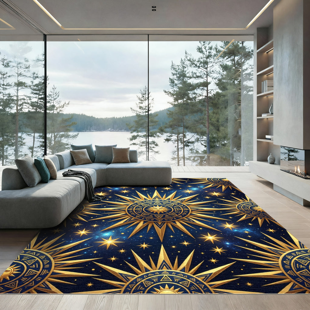 Celestial Golden Sun Navy Cosmic Rug