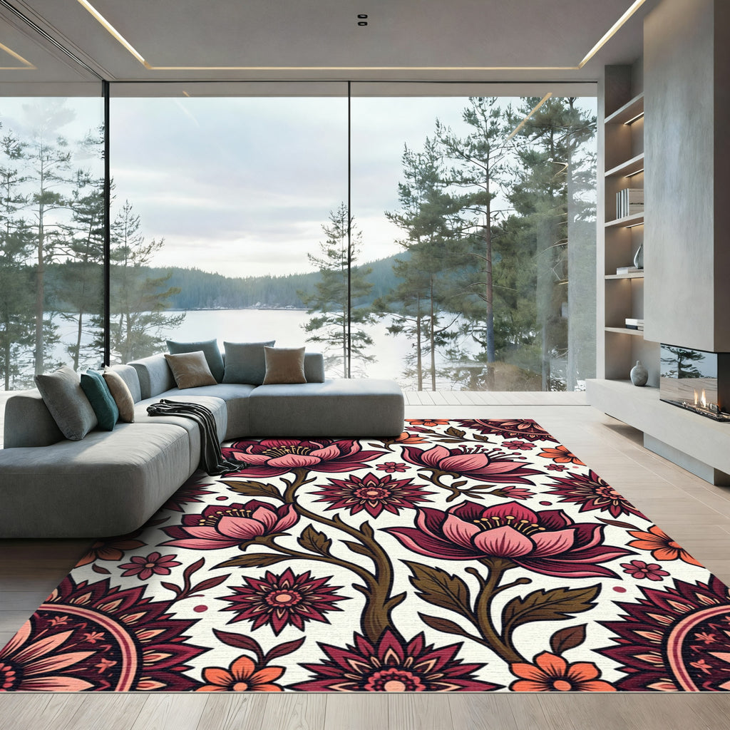 Vibrant Crimson Floral Botanical Rug
