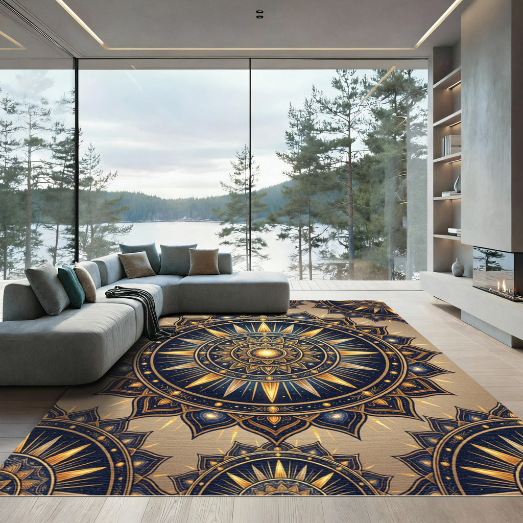 Golden Sunburst Navy Mandala Rug