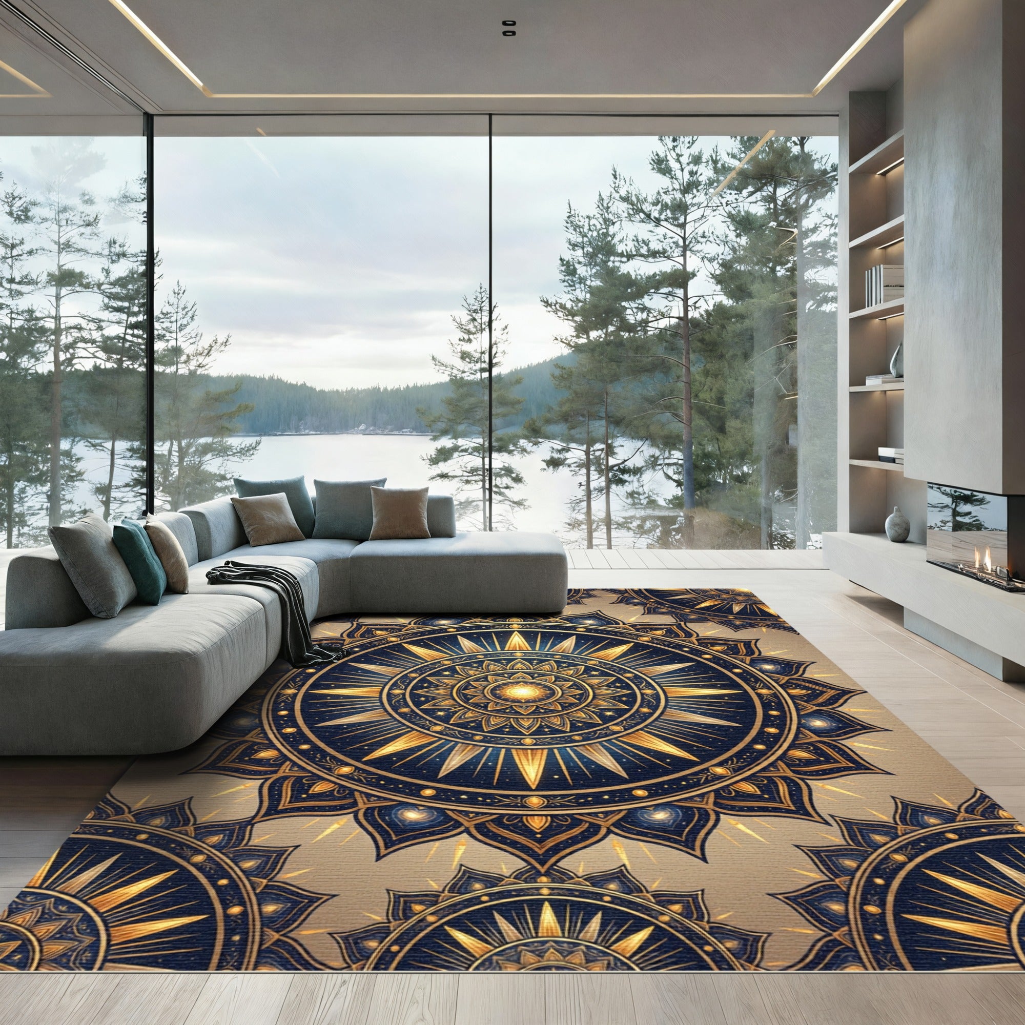 Golden Sunburst Navy Mandala Rug