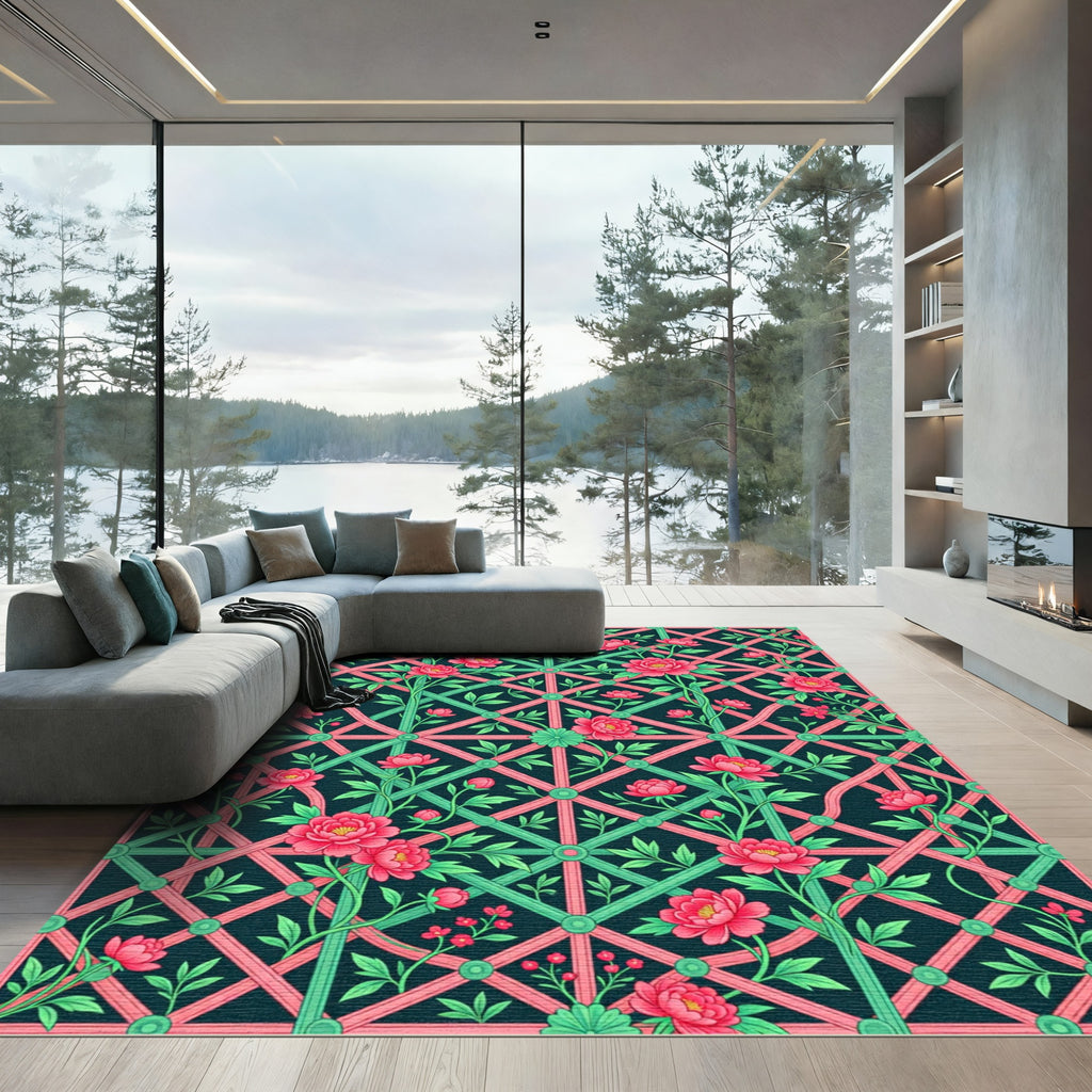 Peony Trellis Garden Teal Rose Rug