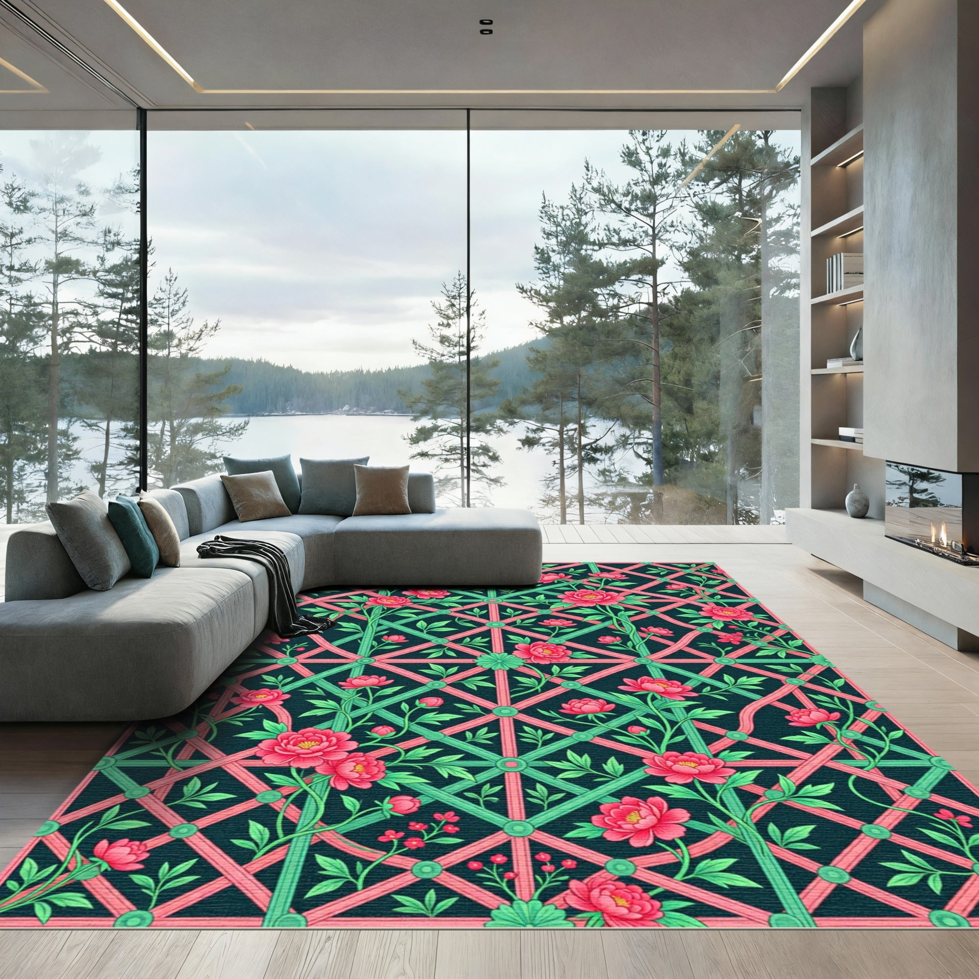 Peony Trellis Garden Teal Rose Rug