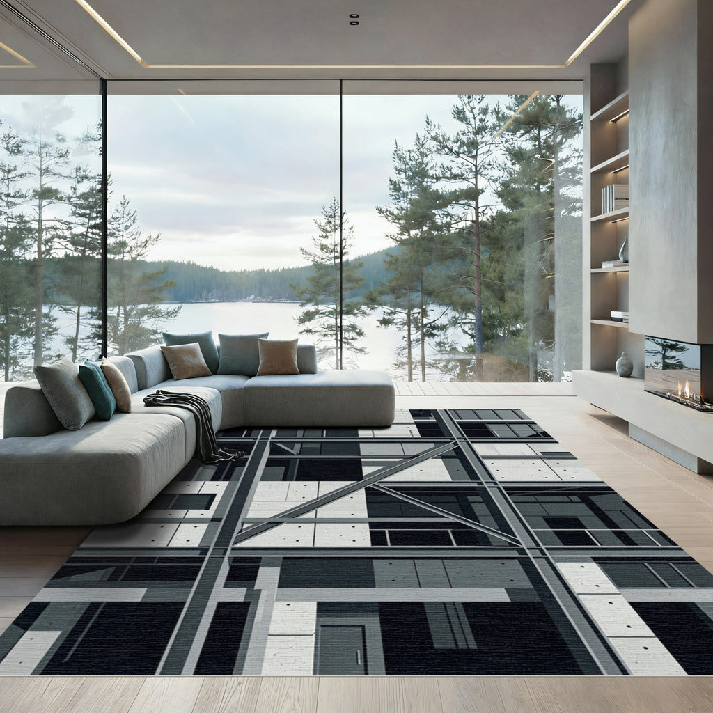 Industrial Concrete Grid Abstract Rug