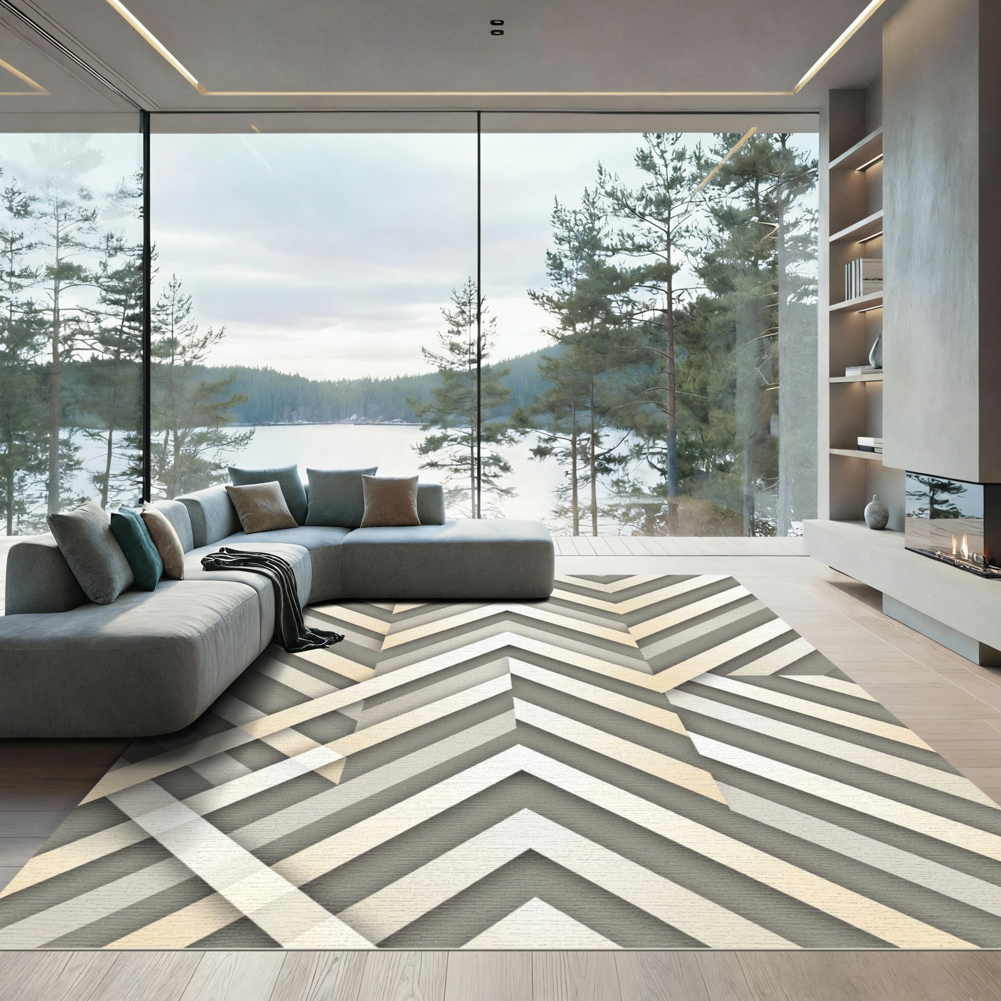 Modern Beige Cream Chevron Geometric Rug
