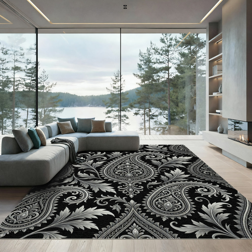 Black Silver Elaborate Paisley Swirl Rug