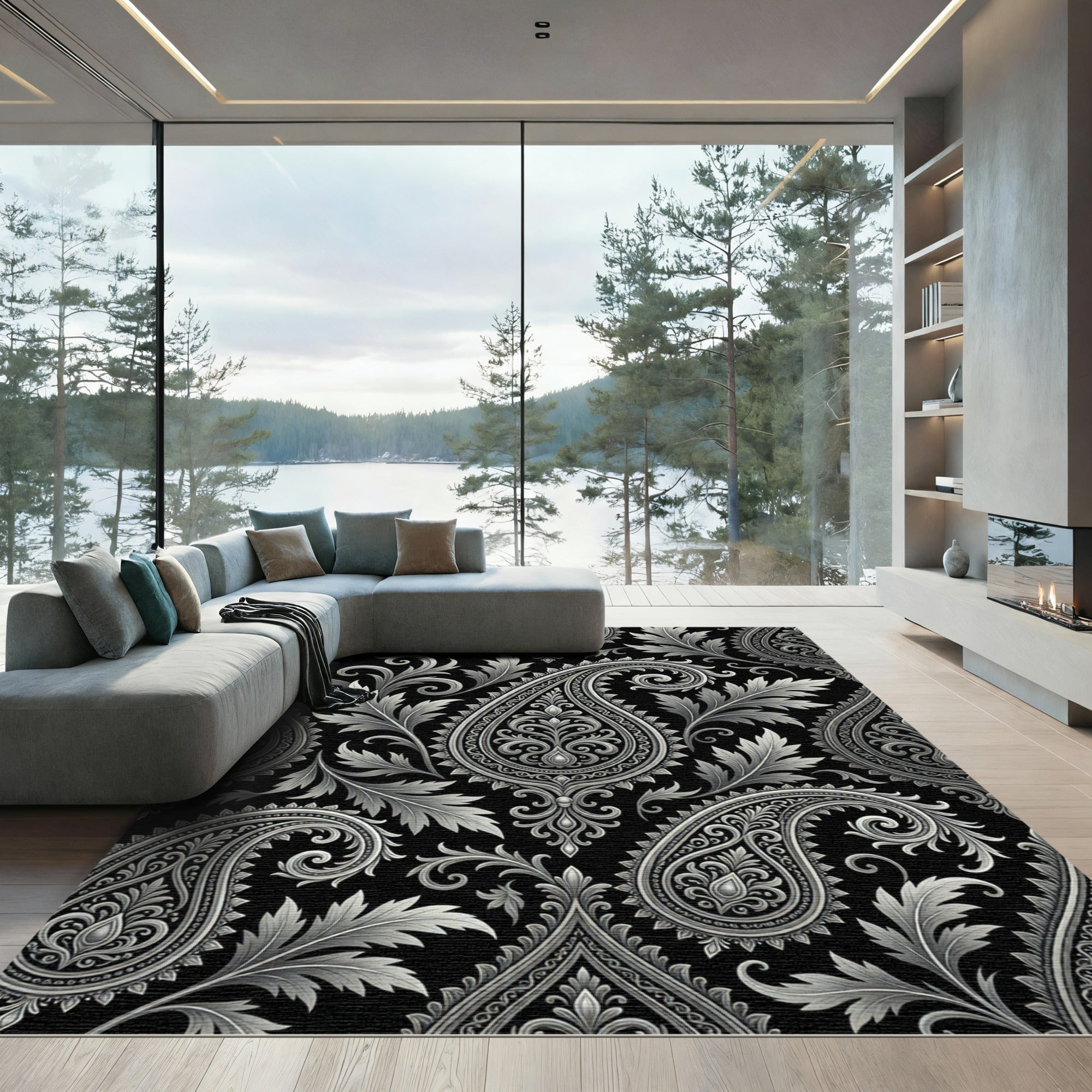 Black Silver Elaborate Paisley Swirl Rug