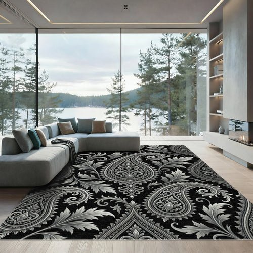 Black Silver Elaborate Paisley Swirl Rug