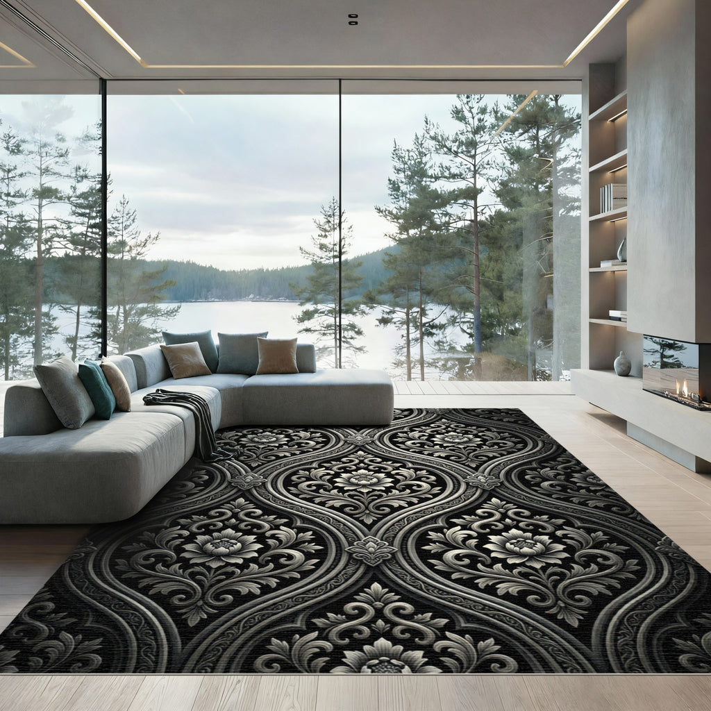Ornate Black and White Damask Floral Rug