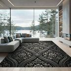 Ornate Black and White Damask Floral Rug