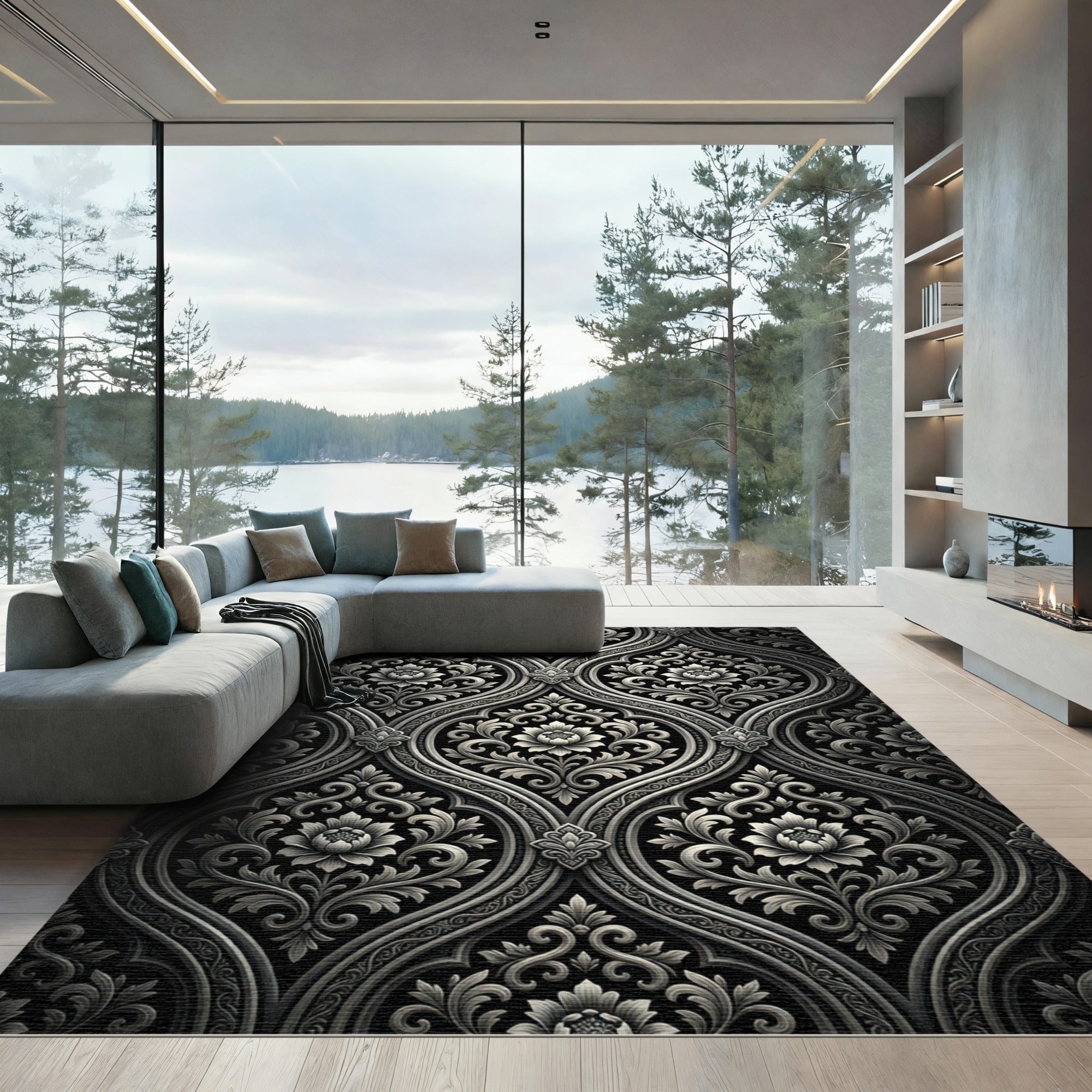 Ornate Black and White Damask Floral Rug