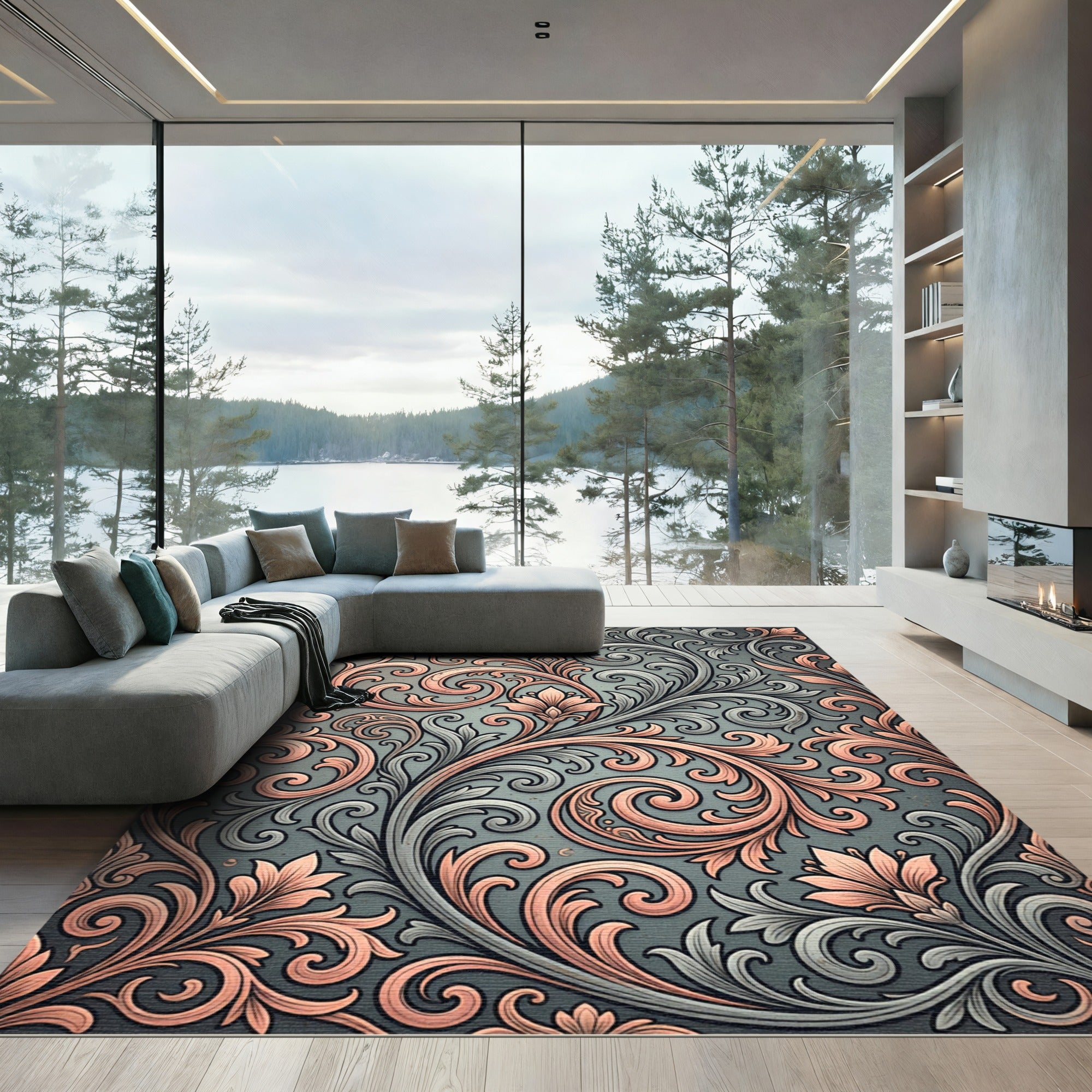 Ornate Coral And Grey Floral Scroll Rug