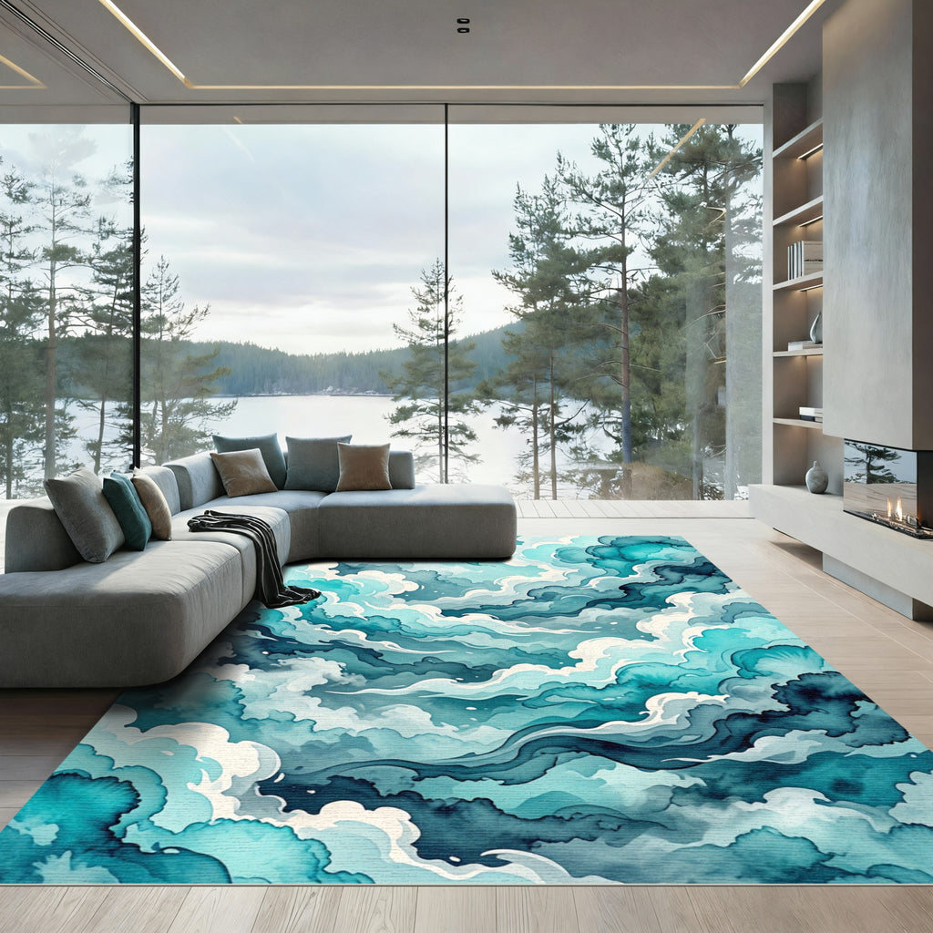 Ethereal Teal Watercolor Cloud Swirls Rug