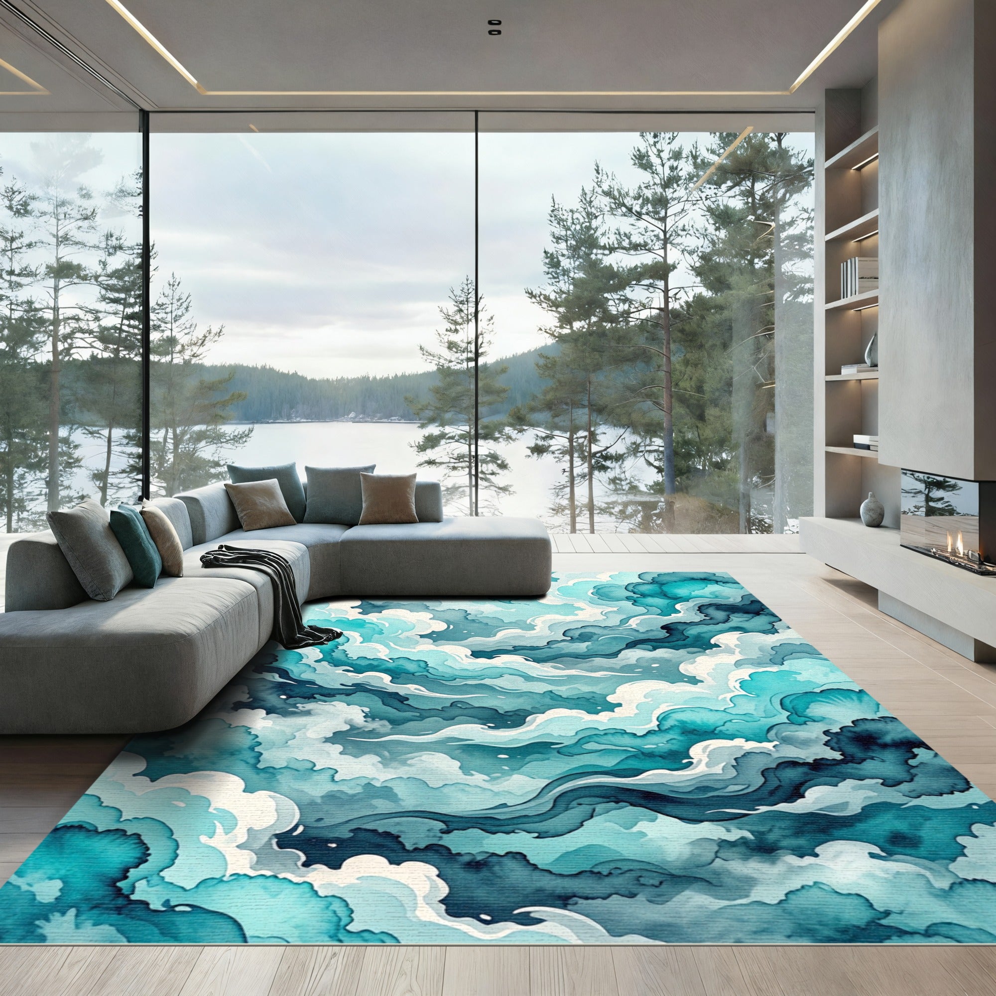 Ethereal Teal Watercolor Cloud Swirls Rug