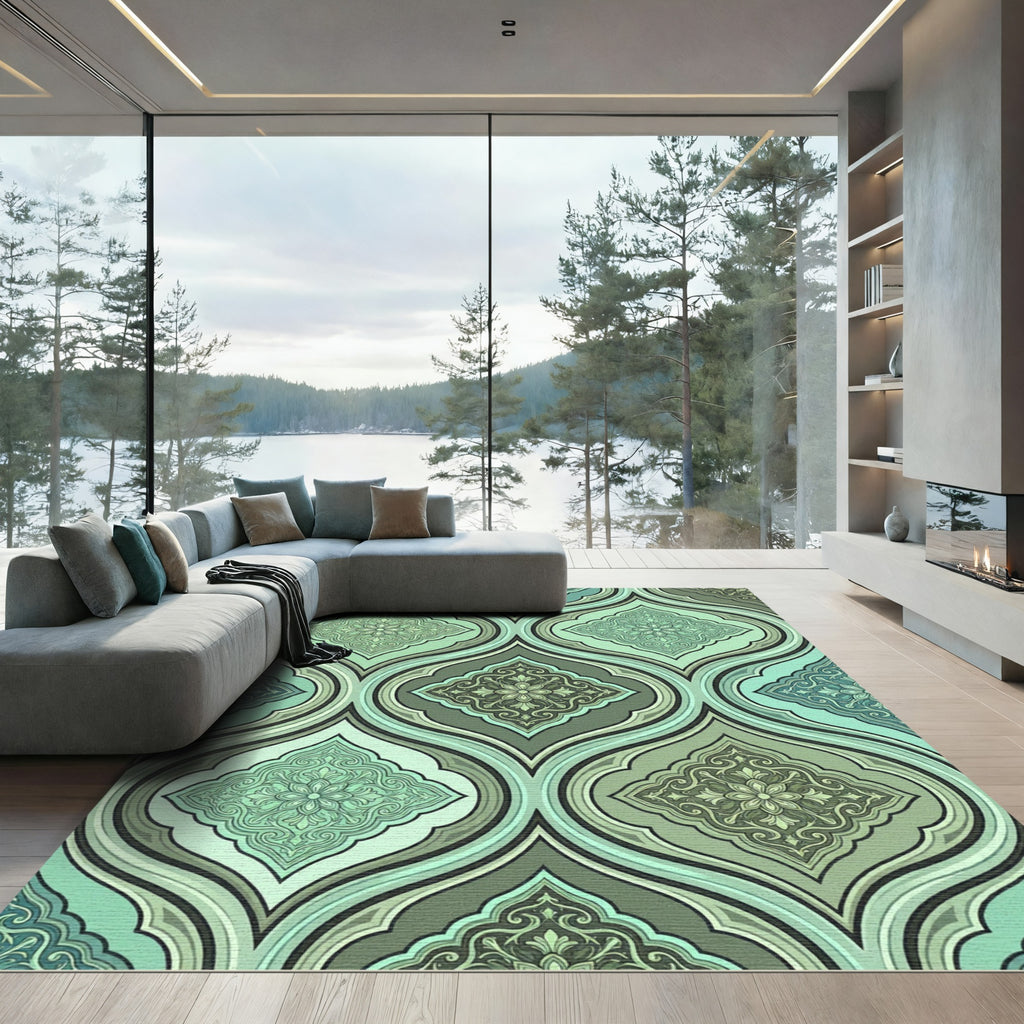 Sage Damask Ogee Medallion Teal Area Rug