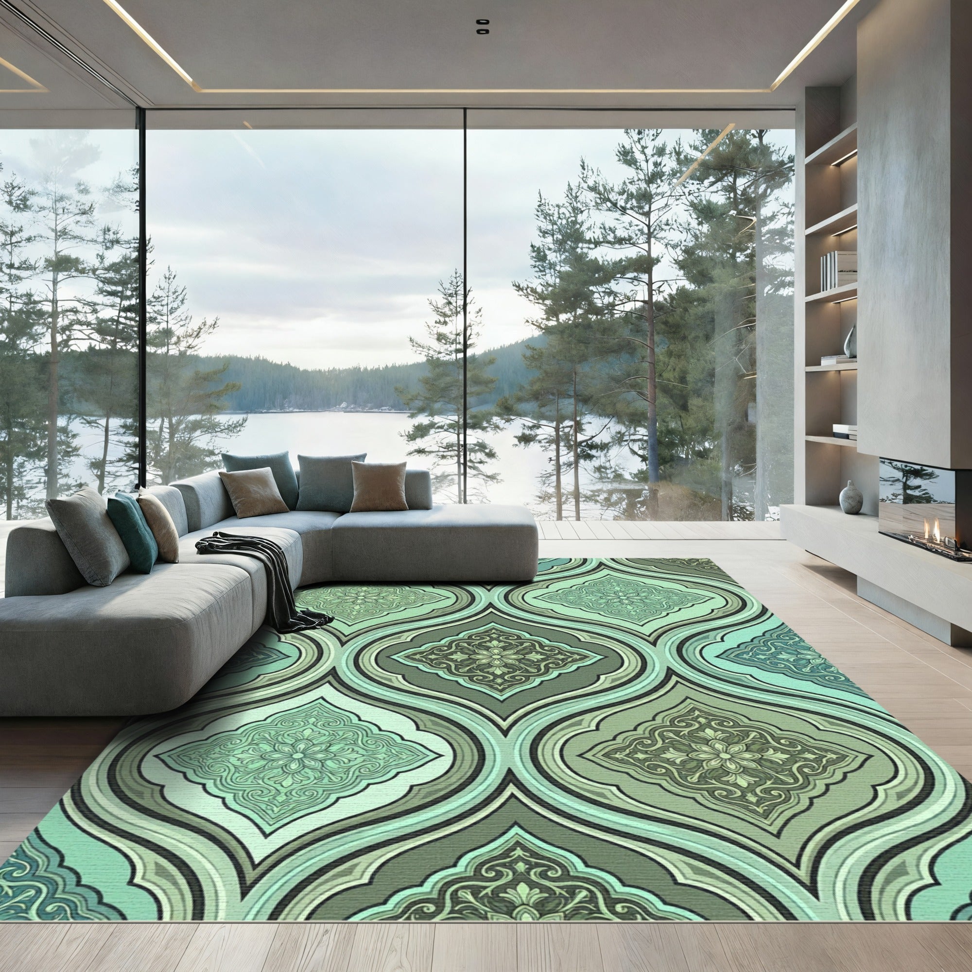 Sage Damask Ogee Medallion Teal Area Rug