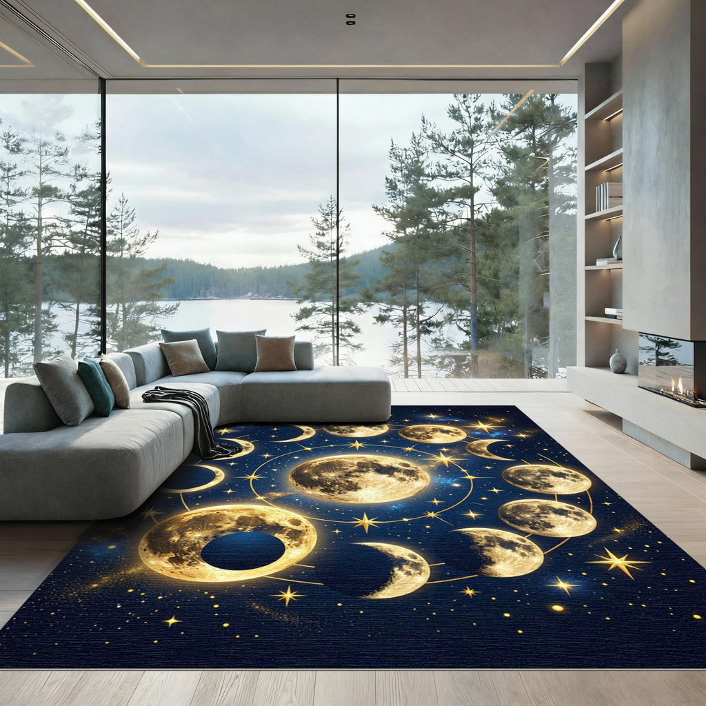 Celestial Moon Phase Golden Night Sky Rug
