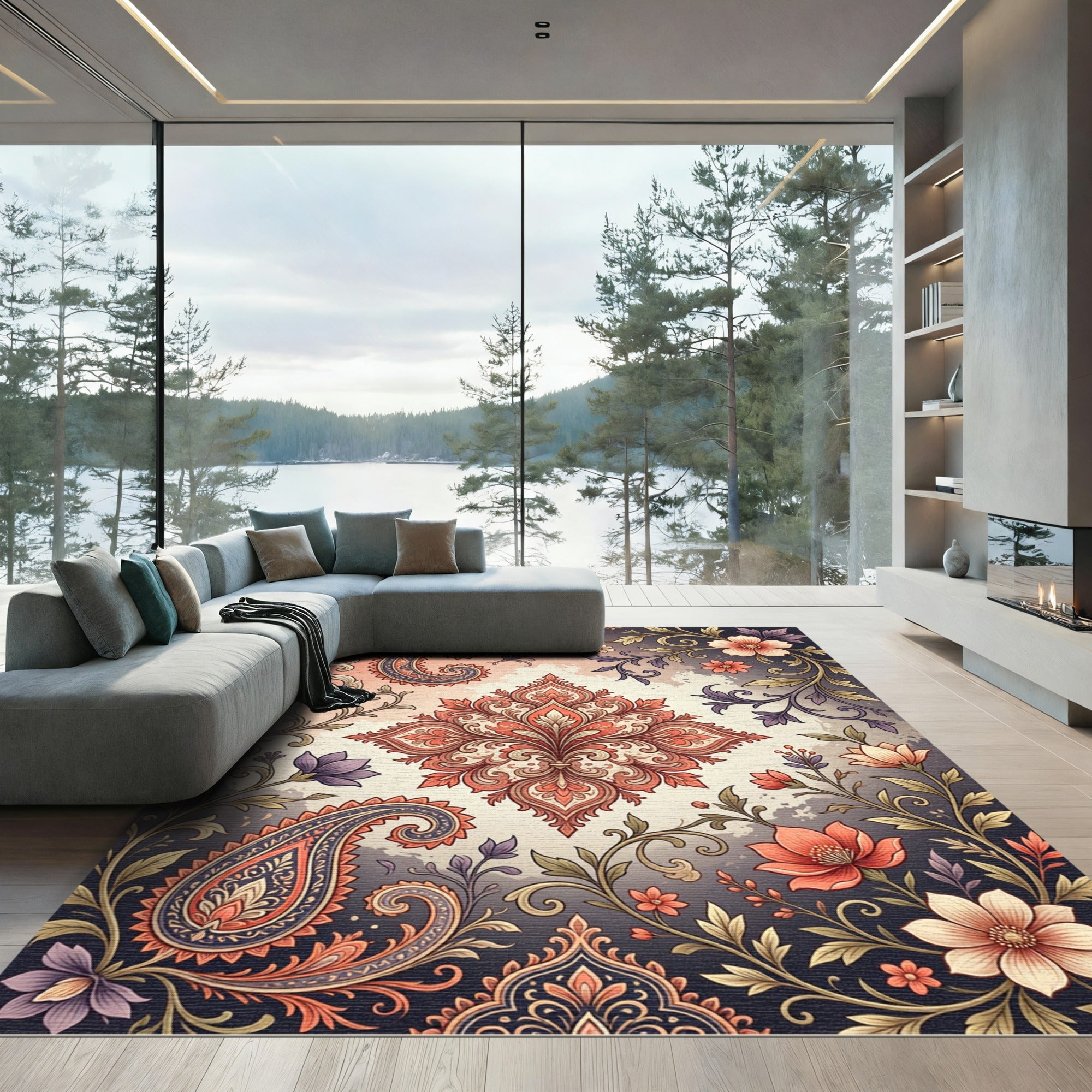 Ornate Red Coral Paisley Floral Rug