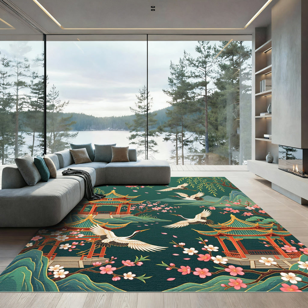 Emerald Asian Crane and Cherry Blossom Rug