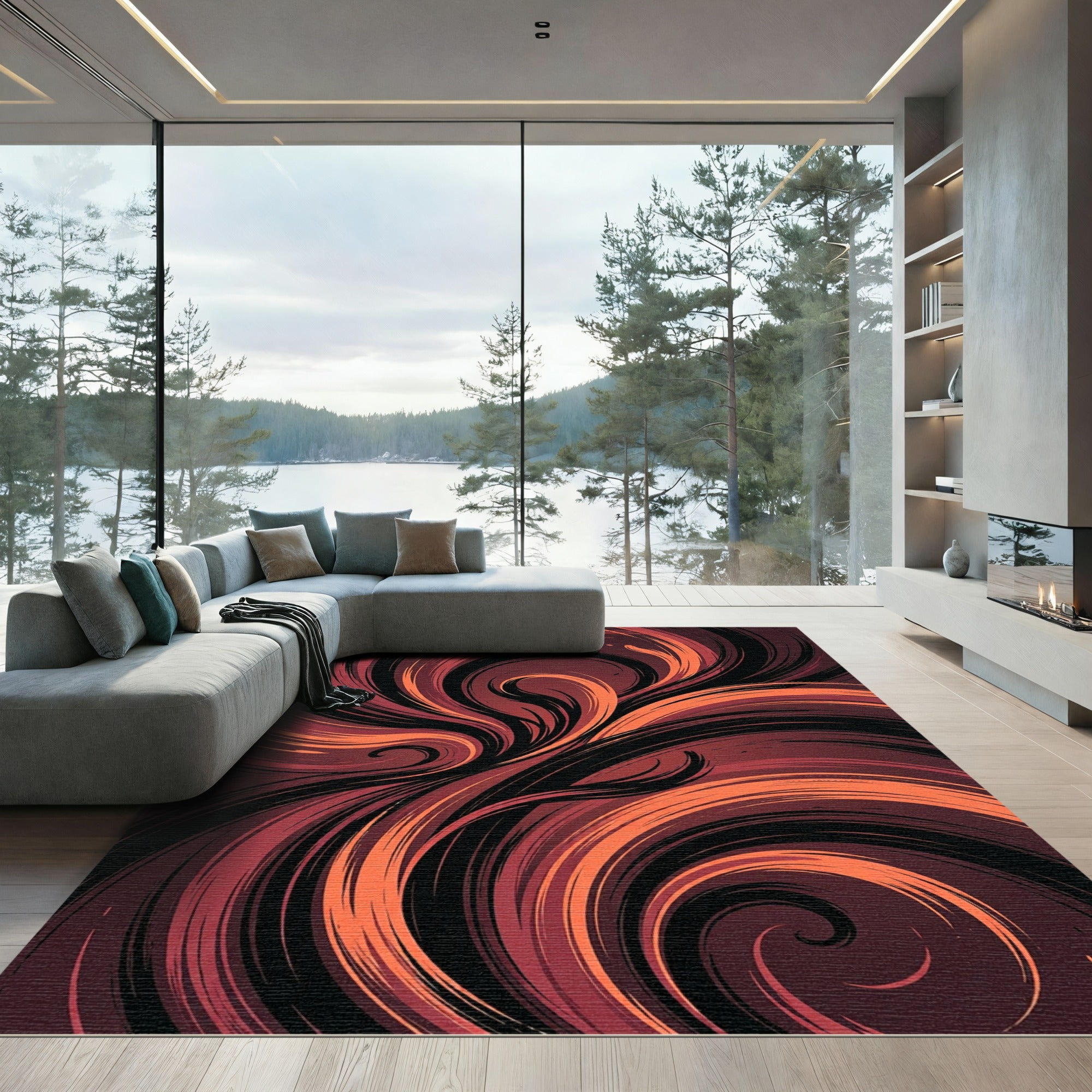 Abstract Crimson Black Swirling Fluid Art Rug