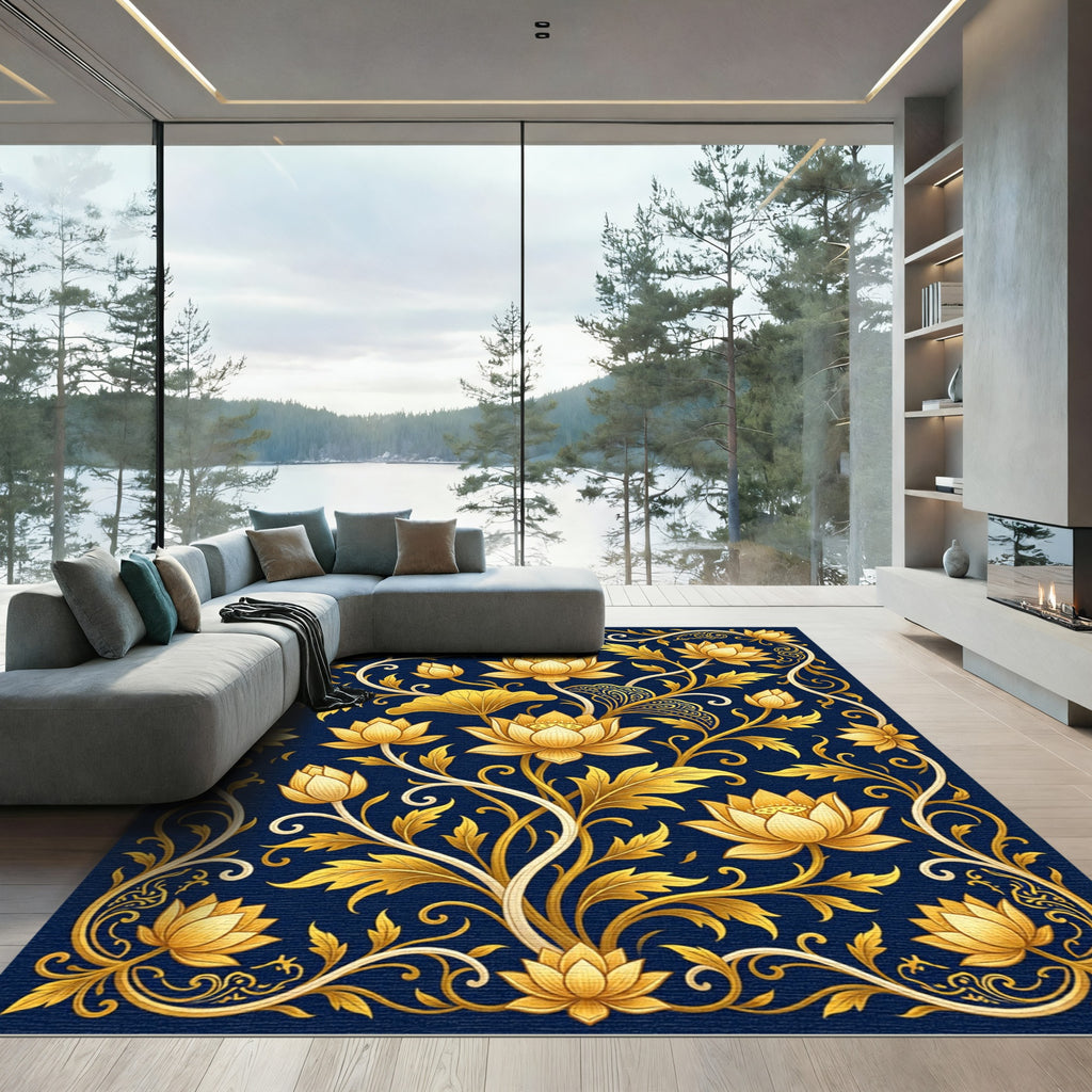 Golden Lotus Floral Navy Scrollwork Rug