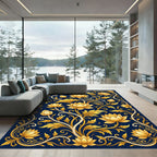 Golden Lotus Floral Navy Scrollwork Rug
