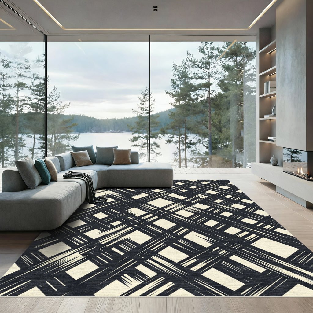 Textured Black Crosshatch Diamond Rug