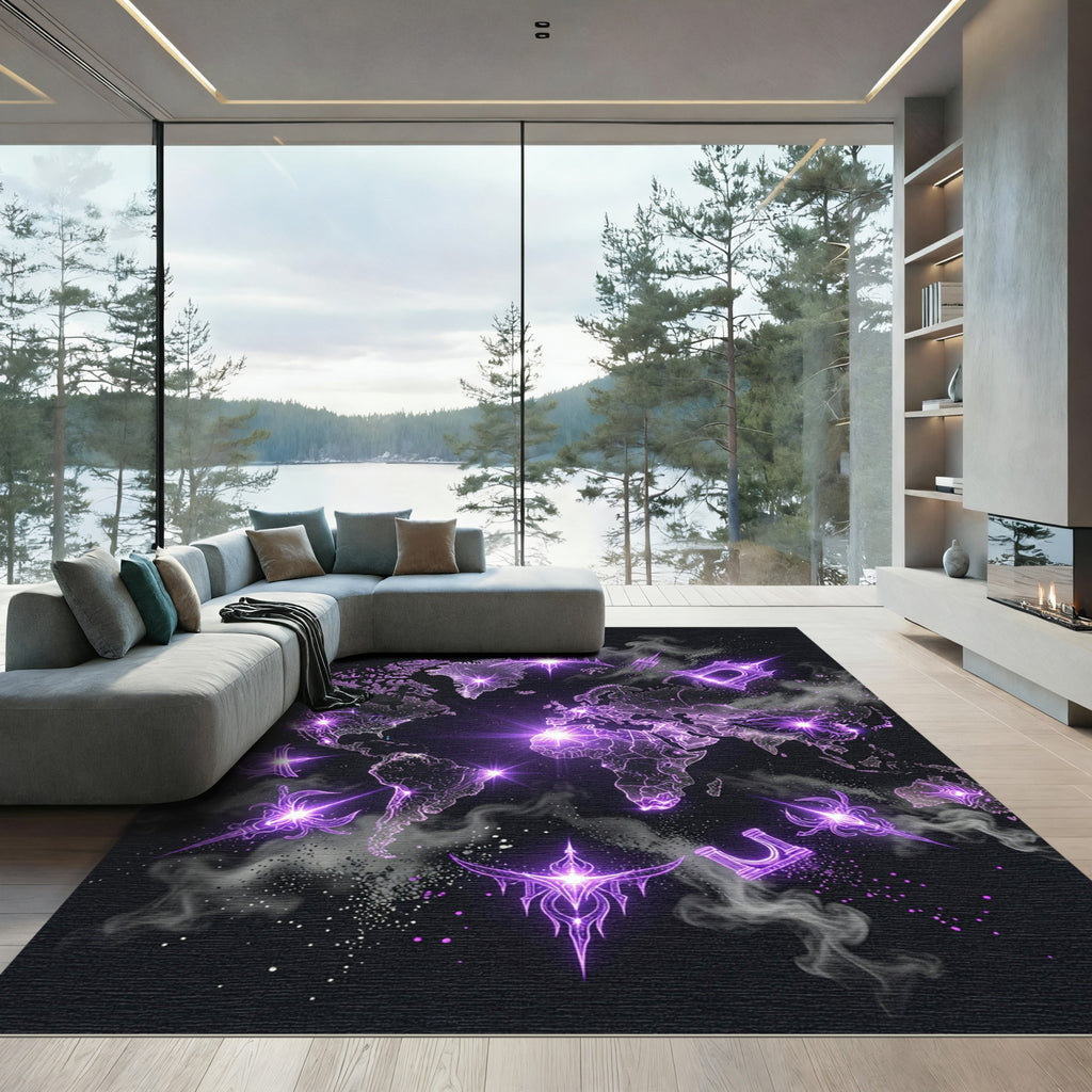 Glowing Cosmic Purple World Map Nebula Rug