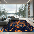 Cosmic Golden Blue Celestial Sunburst Rug