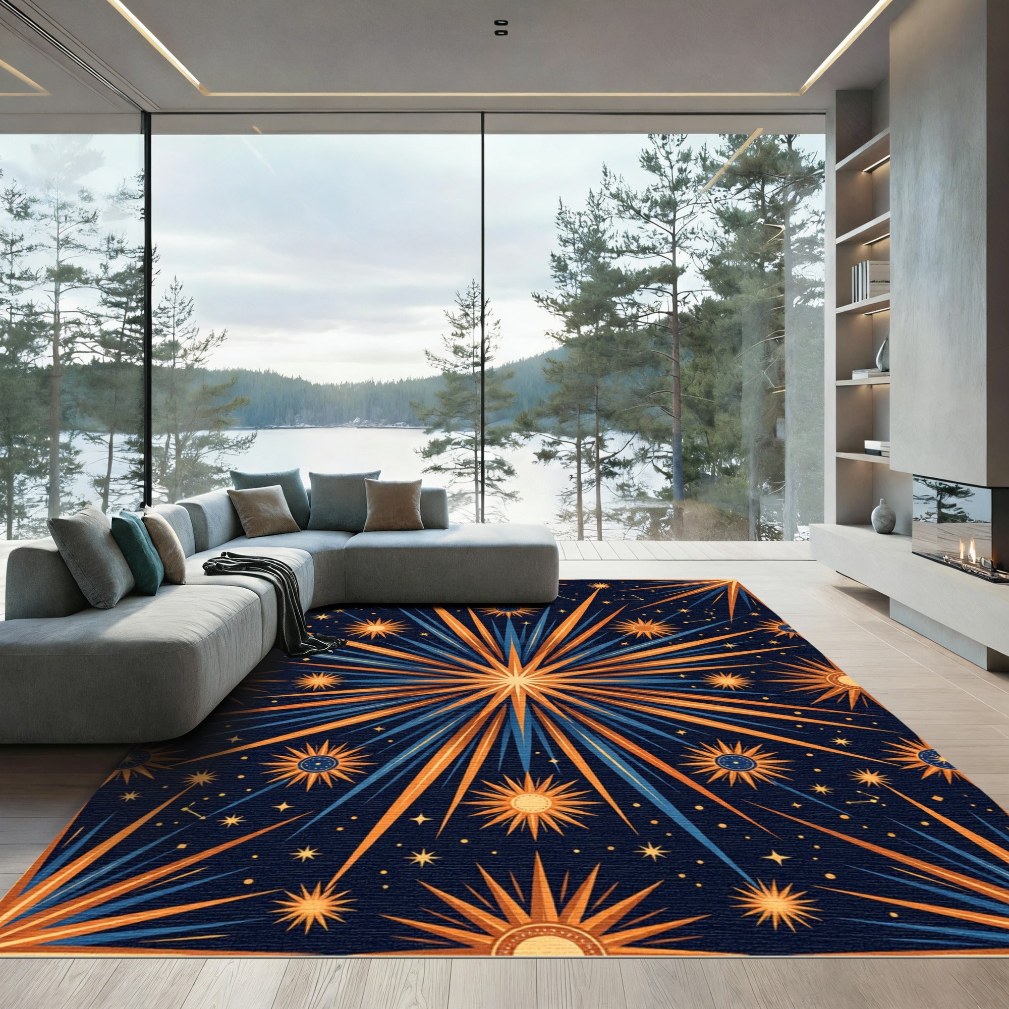 Cosmic Golden Blue Celestial Sunburst Rug