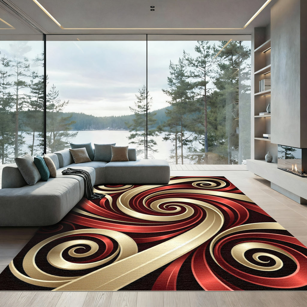 Crimson Gold Swirl Ribbon Abstract Rug