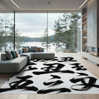 Monochromatic Black Brushstroke Ink Calligraphy Rug