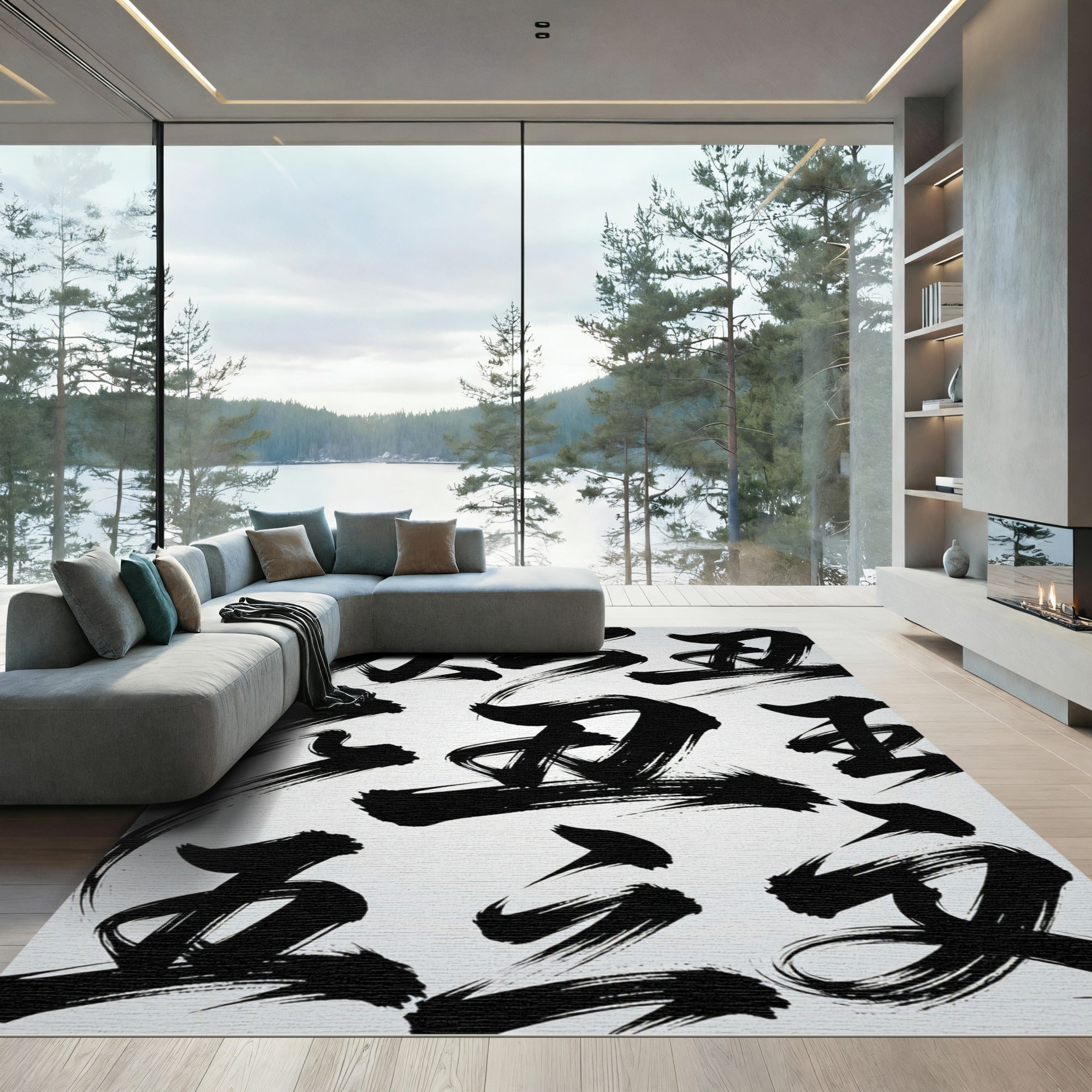 Monochromatic Black Brushstroke Ink Calligraphy Rug