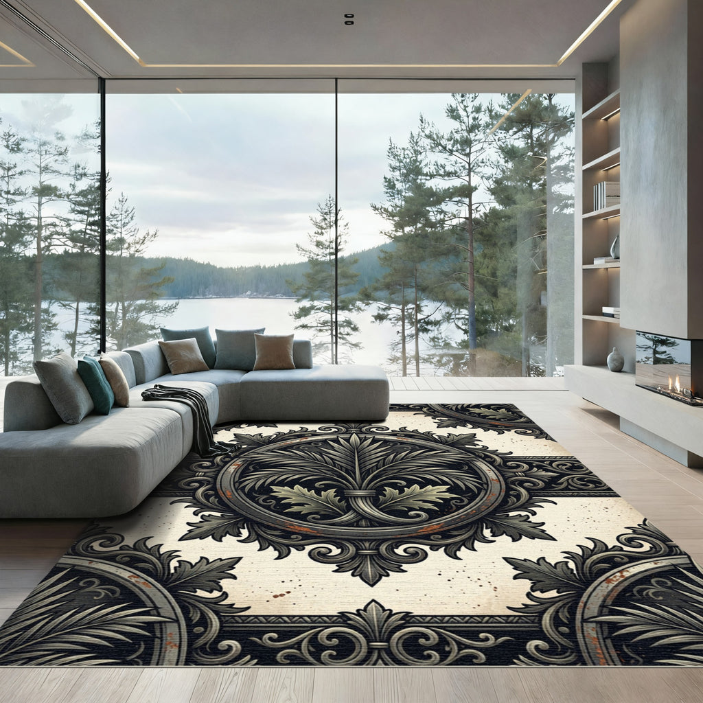Ornate Charcoal Acanthus Palm Medallion Rug